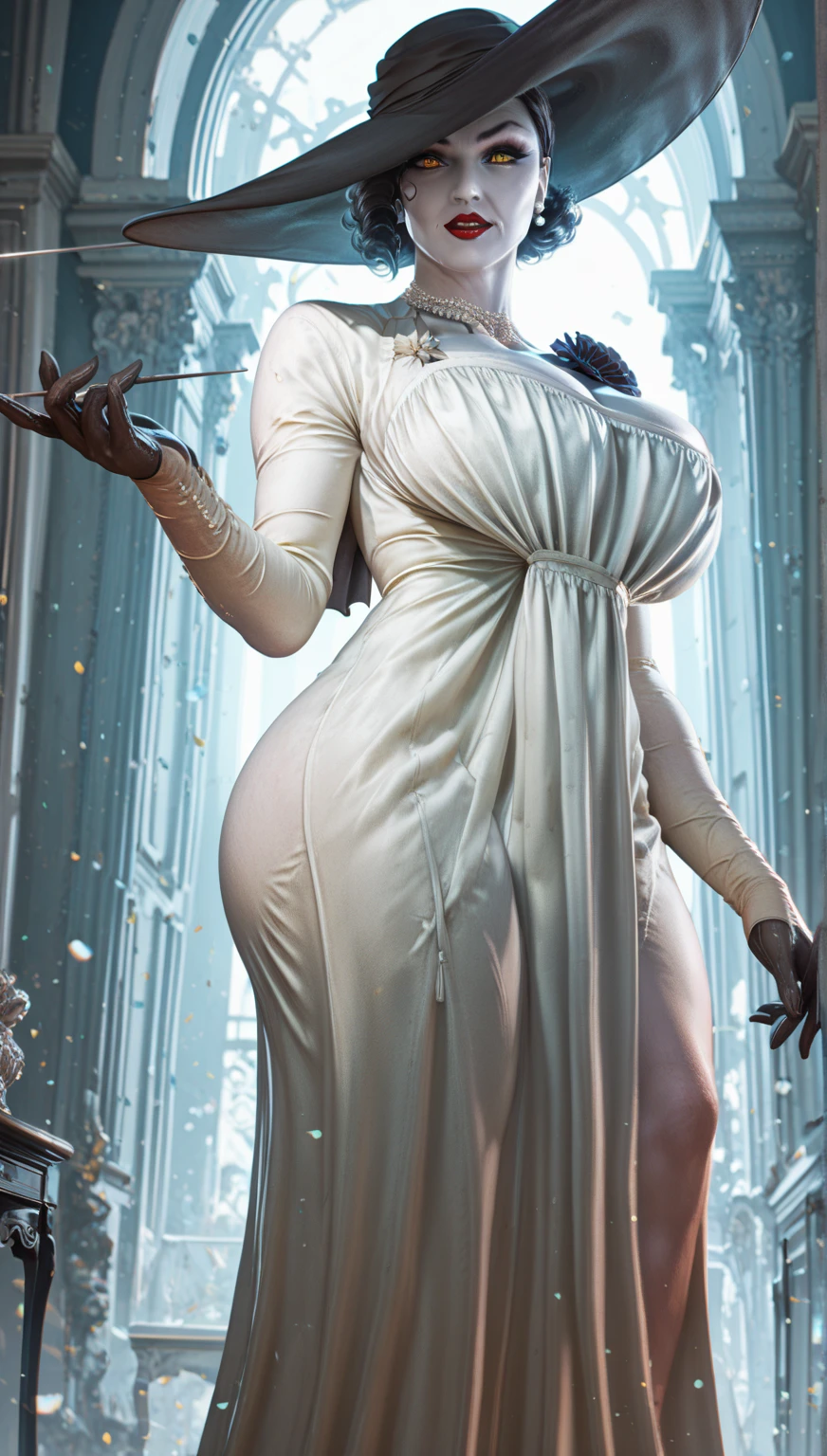 absurdres ,masterpiece, HQ, 4k, HDR, best quality, 1girl at center screen with beautifulface, white_hair, wearing liquid dress, huge breasts, full body, smiling, perfect details, perfect body, perfect face, perfect fingers.