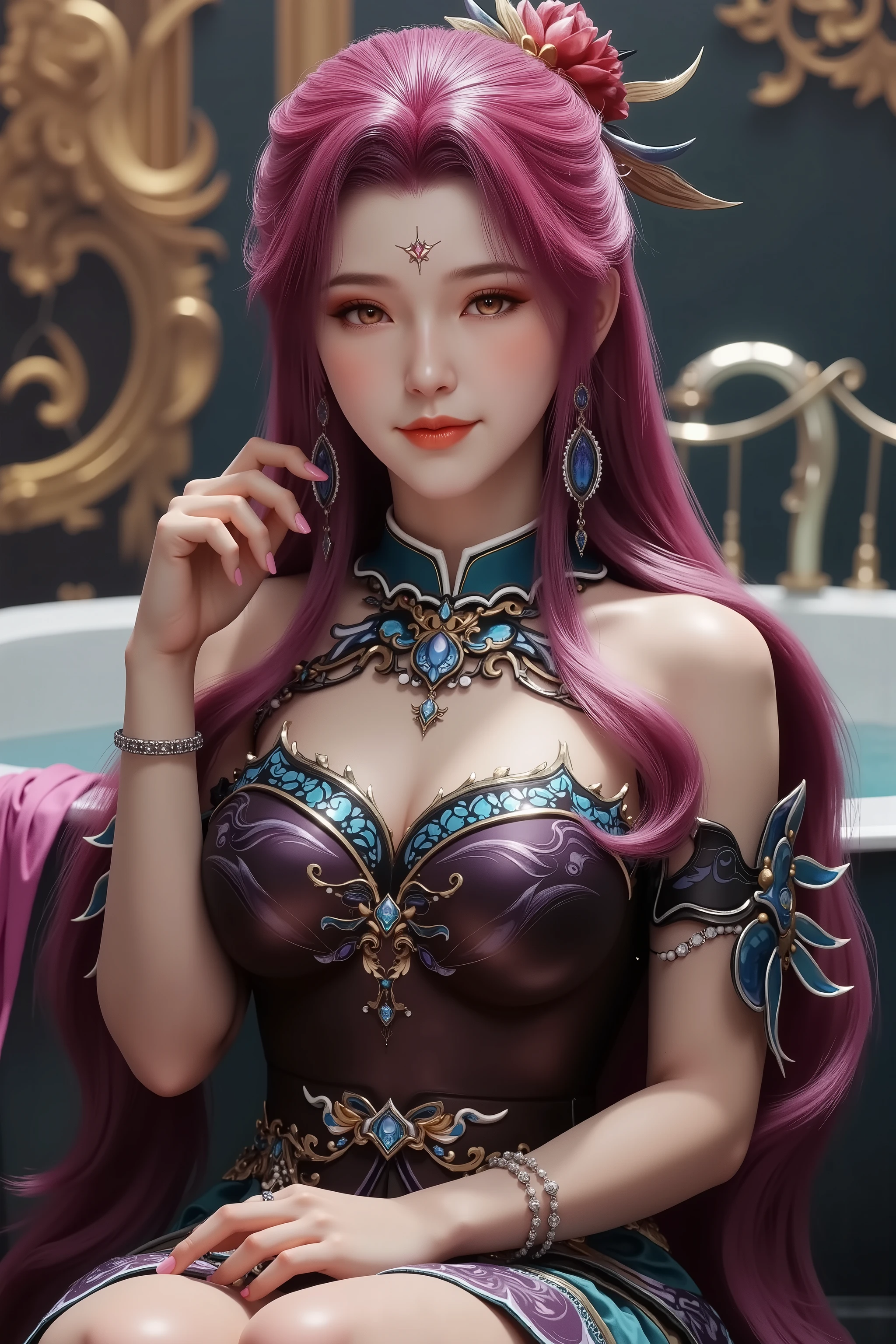 ((highest quality)),(ultra high resolution),(Super detailed),(detailed description),((best CG)),(best work of art),super precision art,amazing drawing art,(Art with precise details:1.5), (Queen:1.8),Beautiful, well-proportioned face:1.8),(A gorgeous blue dress with intricate details:1.5),cleavage:1.7,(緻密で詳細に描写されたhighest qualityの王冠:1.4),Cold-hearted:1.5