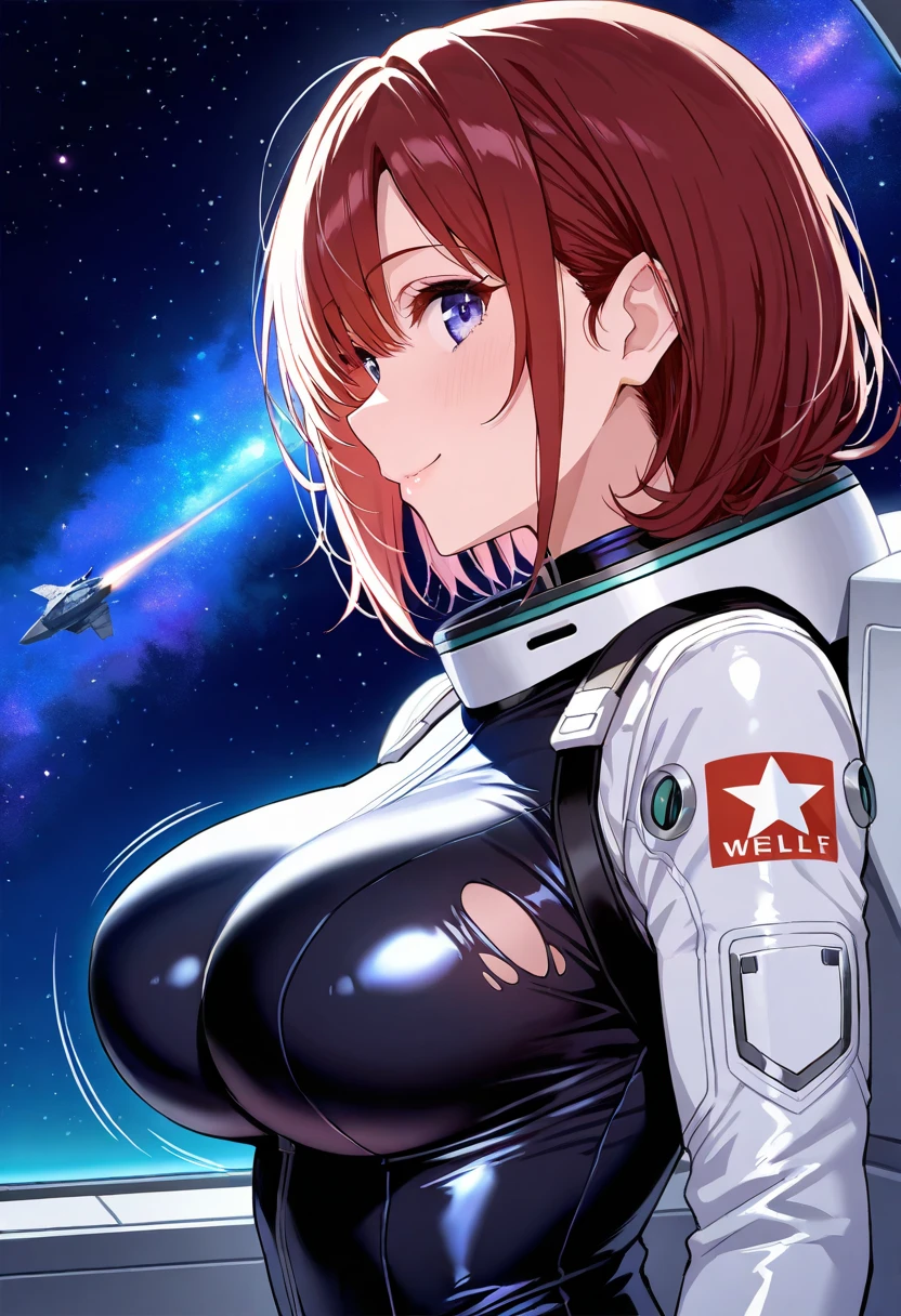 One girl, alone, (Pilot suit and open front zipper down to navel), Cleavage, gloves, short hair, Ahoge, Redhead, Purple eyes, Purple Hair, Cowboy Shot, Are standing, Medium large breasts, Nipples, surprised, Embarrassing, View your viewers, Spacecraft Hangar, masterpiece, Highest quality, High resolution, masterpiece, Highest quality, High resolution、Nipplesが見えている、panties
