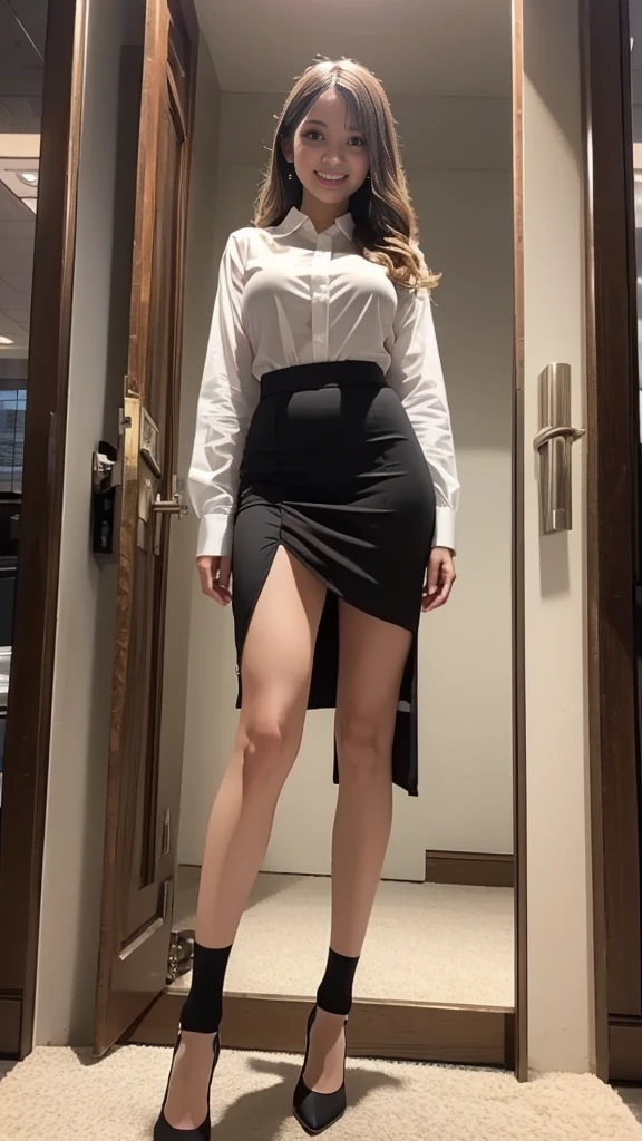 Delicate brown hair，Loose clothes made of rayon,、Charcoal colored shirt、Black skirt、a belt、Slender woman、Walking、Super Detail，Anatomically correct、Ray traching，细致背景、