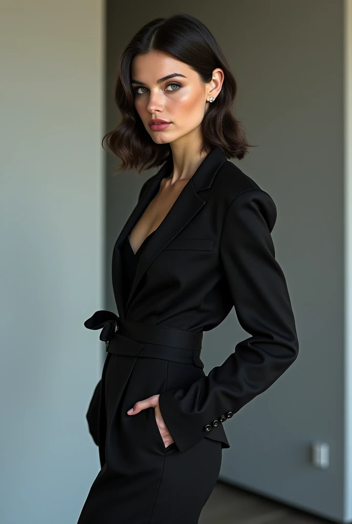 Here's a prompt for generating the image:
"Create an image of a powerful entrepreneurial woman with sharp features and a commanding presence. She has a determined expression and is dressed in sleek, modern business attire. The background is dark and moody, with subtle lighting highlighting her figure. The overall atmosphere should convey strength, confidence, and ambition, with an edge of mystery and intensity. Modest clothing and hair up haistyles ,dark theme