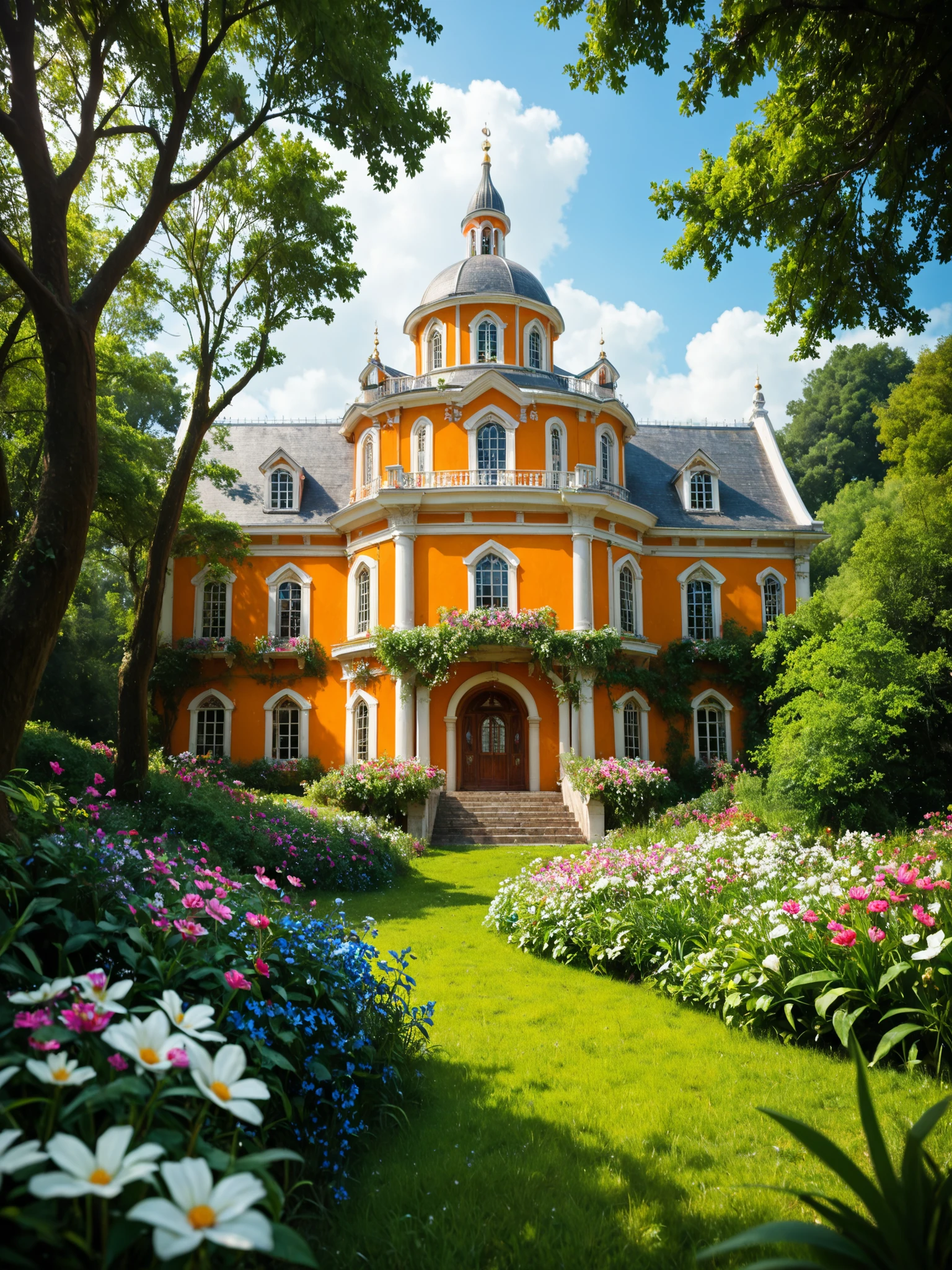 A shot from the film "Bax, gehst du Corvina?" A meticulously detailed, hyper-realistic, sharp shot depicting an orchestra in front of a huge, ornate golden Baroque building overlooking a lush valley filled with flowers and trees, the distant sea and a city with white houses and orange roofs. The audience listens rapturously to the orchestra in a highly detailed cinematic scene. --ar 128:59