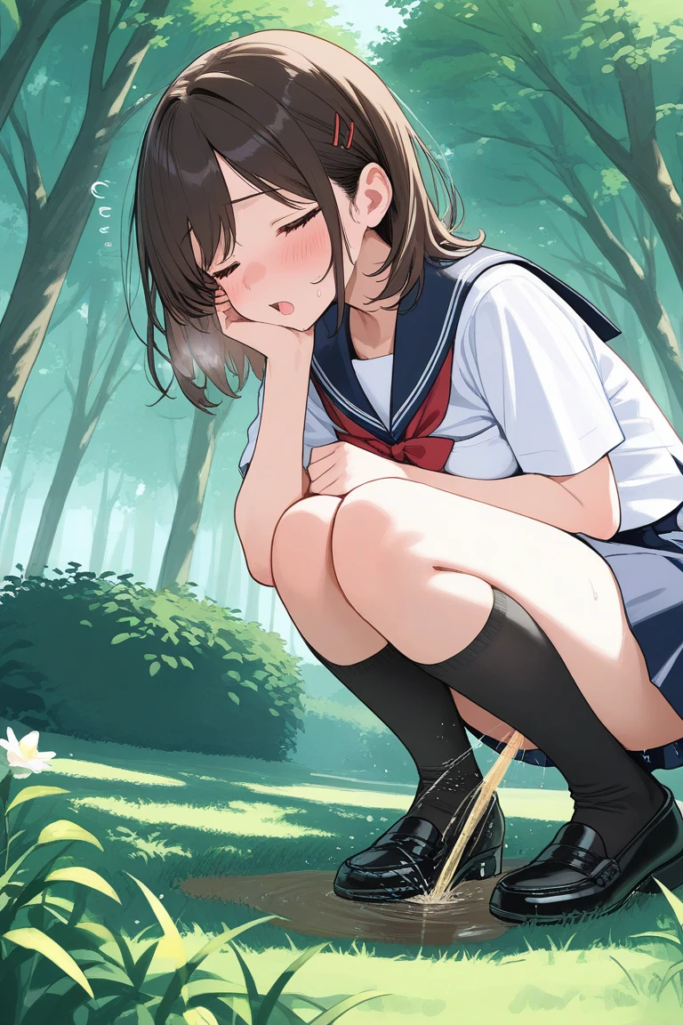 Masterpiece, high quality, Great detail, Giant penis like a tree, raised and wide. a woman, , hugging him and rubbing him with his body, with student uniform, whole body, sad face, using the tongue, legs and arms crossed to the giant member, short black hair, empty eyes, being used as a masturbator