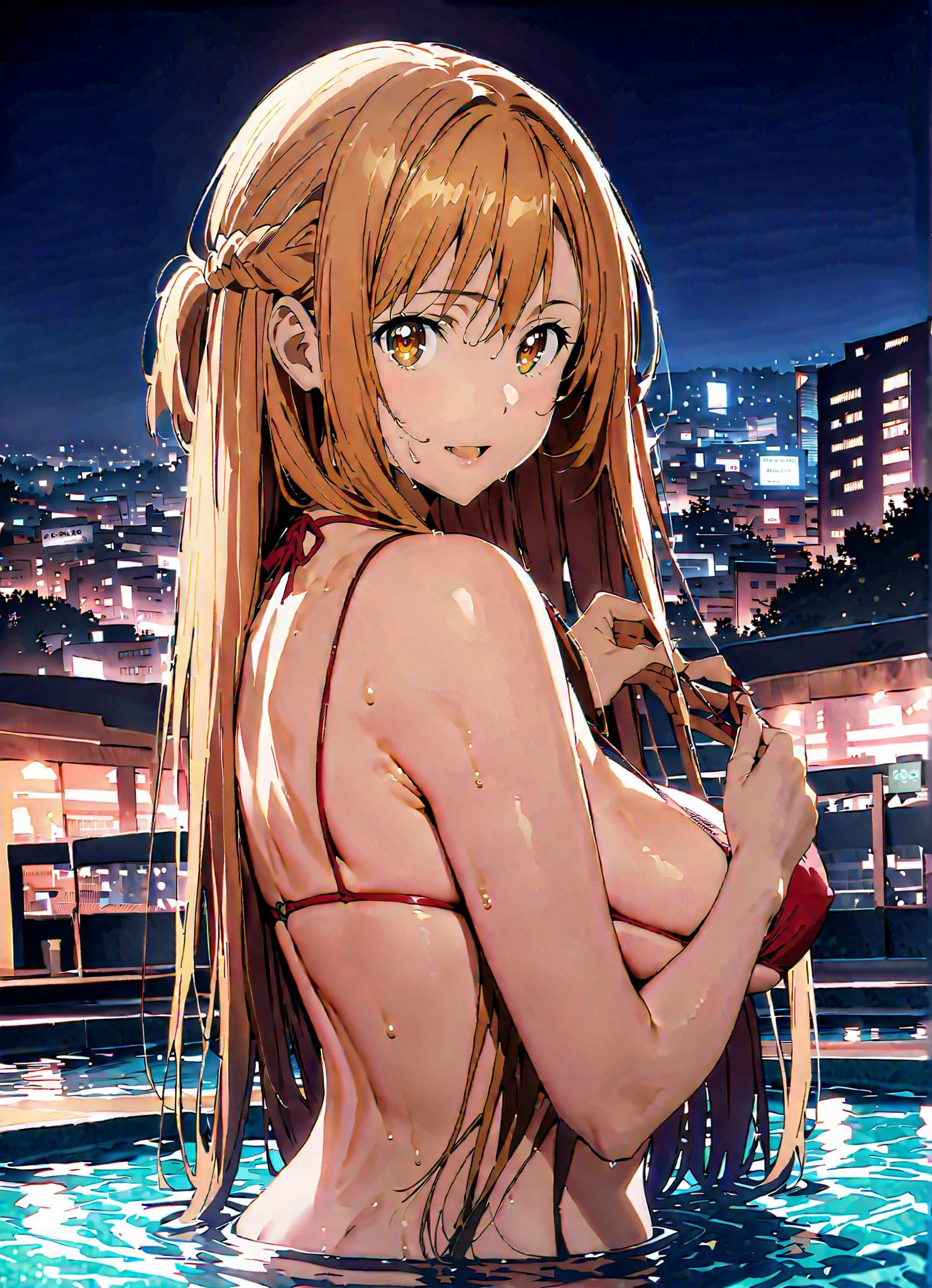 score_9, score_8_up, score_7_up, source_anime, Asuna Yuki , long hair, bungs, Hair,brown eyes,knitting glasses,half updo,Big Breasts,Red string bikini swimsuit, back of the anus,turns around,smile,cover,opens her mouth,Submersion,standing,wet skin,Painted hair, wet swimsuit ,The surface of the water is illuminated by moonlight,mysterious,night,綺麗なnight景,Beautiful cityscape,full bodyがillustrationsに入るように,break outdoors, night pool,
break looking at viewer,full body,
break (masterpiece:1.2), of the best quality, high definition, Unity 8k 壁紙, (illustrations:0.8), (beautiful detailed eyes:1.6), Highly Detailed Face, so that it fits into the illustration, Extremely Detailed CG, (perfect hand, Perfect Anatomy),