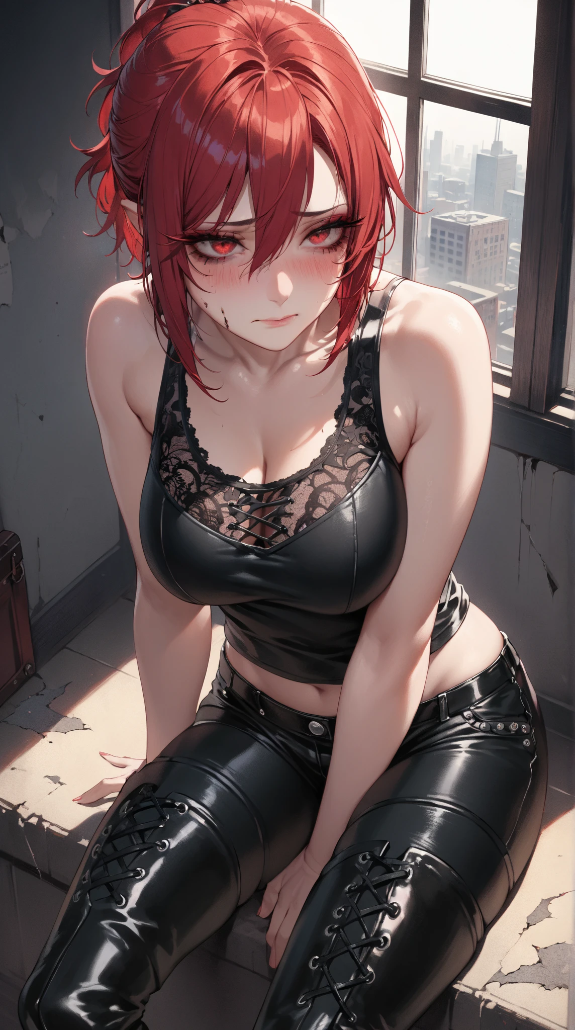 woman, curly red pixie cut hair, green eyes, wearing crop top black shirt, long black jacket, red plaid skirt, (black knee high boots), black fingerless gloves, exposed shoulders, large breasts, freckles, cleavage, abs, looking at viewer, masterpiece, best quality, sitting cross legged