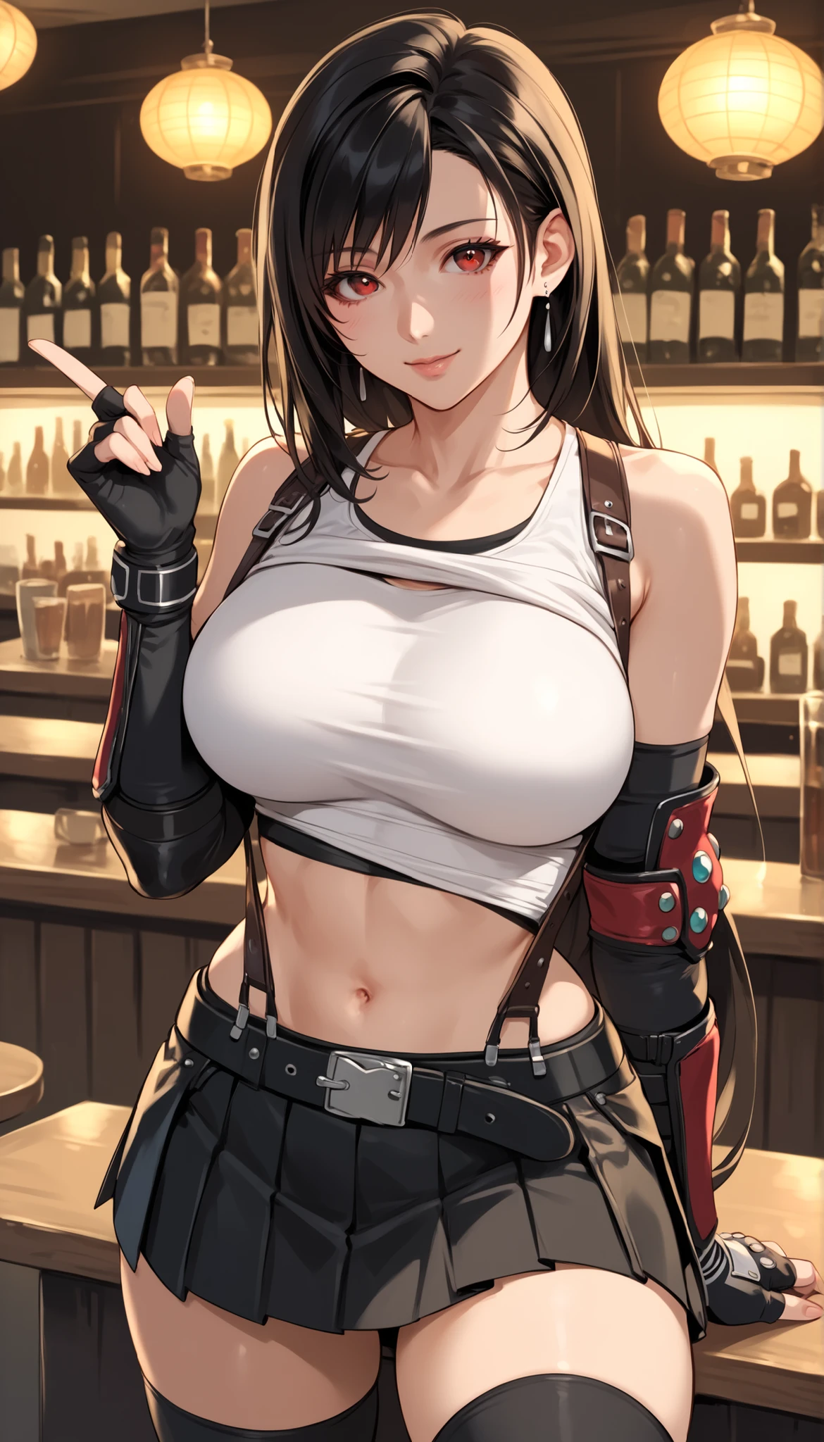 Izayoi Seishin artstyle, (score_9, score_8_up, score_7_up), (best quality, masterpiece),perfect anatomy,(aesthetic,very aesthetic),official style, (ultra-high resolution), 1girl, tifa lockhart, final fantasy,(beautiful woman).tareme, black hair, low-tied long hair, red eyes, bangs, white tank top,gap, belt, pleated skirt, thighhighs, elbow fingerless gloves, elbow pads, midriff, navel,suspender skirt.zettai ryouiki ,(front view),straight-on,(large_breasts:1.2),Solo,mediumshot,looking_at_viewer,contrapposto, vibrant, joyful,cafe and bar, ,Framin,NSFW,(tanktop lift),乳首,