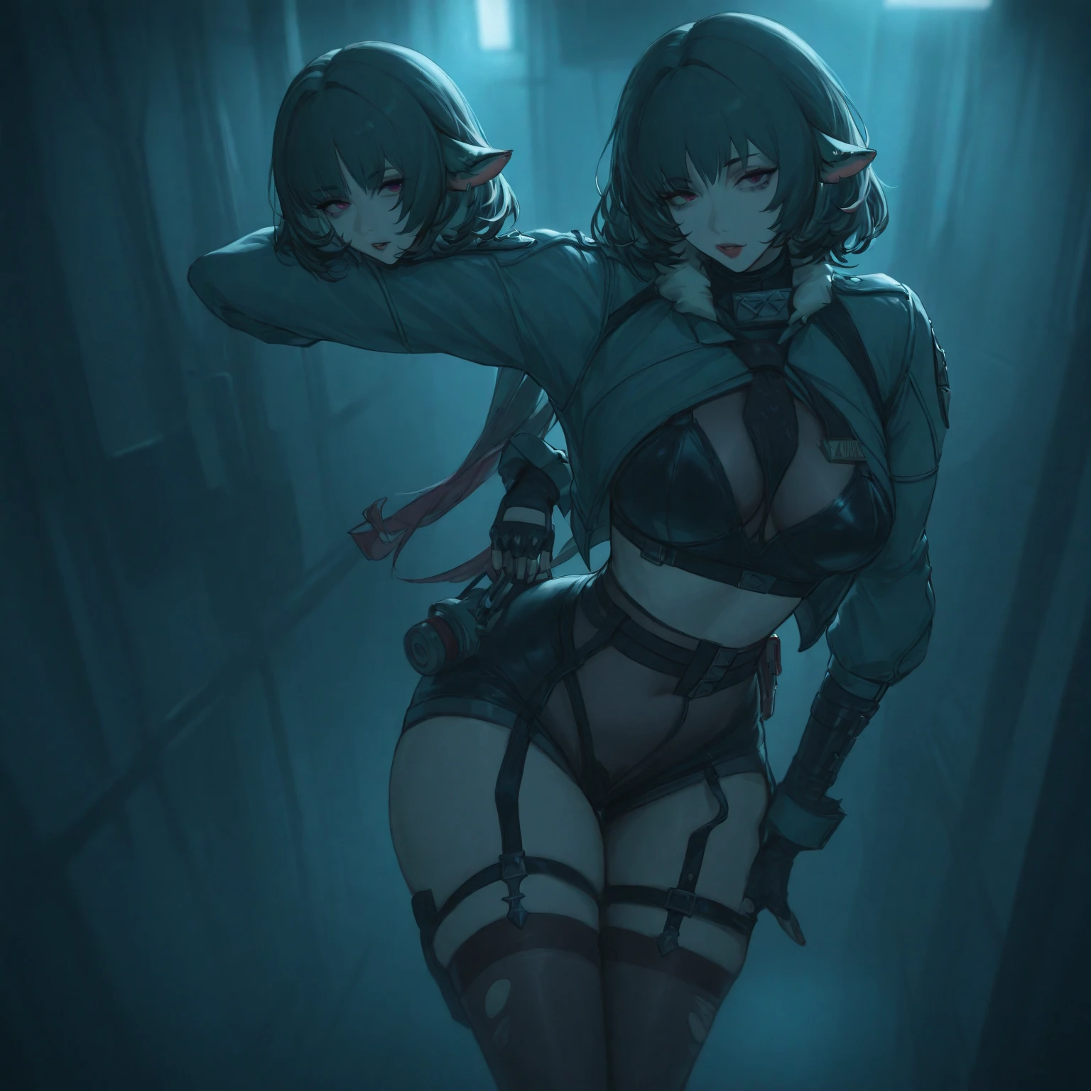 ((realistic: 1.5)),((best quality)), ((masterpiece)),((detailed)), woman, with short green hair, red pupils, eye patch, long legs, curves, small breasts, general's clothes, without exposing the body, wide hips, long eyelashes, holding a large hammer, sitting on a stone, in the middle of the forest