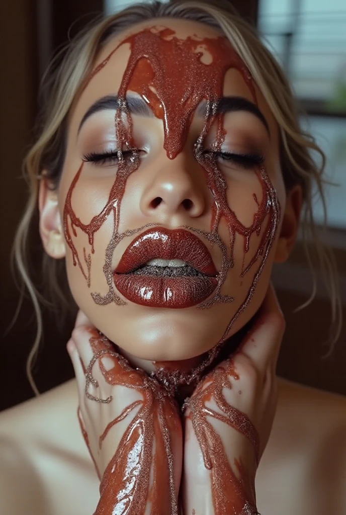 Film photograph, photorealistic, portrait photograph, (Caucasian teenager, blonde hair: 1.1), beautiful details, detailed eyes, detailed face, intricate details, extreme realism, 8k, HD, cleavage, chocolate, chocolate syrup on chest, chocolate syrup on hair, guro, white lace bra, braided pigtails, blood on face, blood on hair