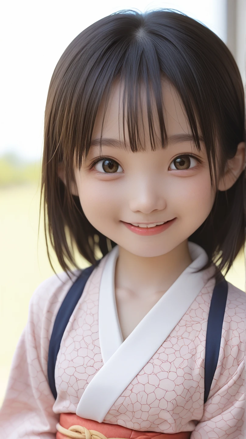 overtake高解像度, (realistic: 1.4), Raw photo, 最high quality, (Photorealistic), concentrated, soft light, (()), ((Japanese)), (front, young face))), (Depth of the bounds written), (one piece), masterpiece, (Photoreal), woman, bangs、One beautiful Japanese model, 15 years old、overtake高画質、bangs、black haired、kimono, Furisode、Japanese style floral pattern:1.5、アイドル風でovertake可愛い顔:1.4、slim and beautiful body、beautiful breasts、laughter、Full body Esbian:1.2、Enhanced dynamic perspective，cute cute beautiful girl，beautiful skin, look at me and smile，simple background，works of masters，high quality，4K resolution，overtake