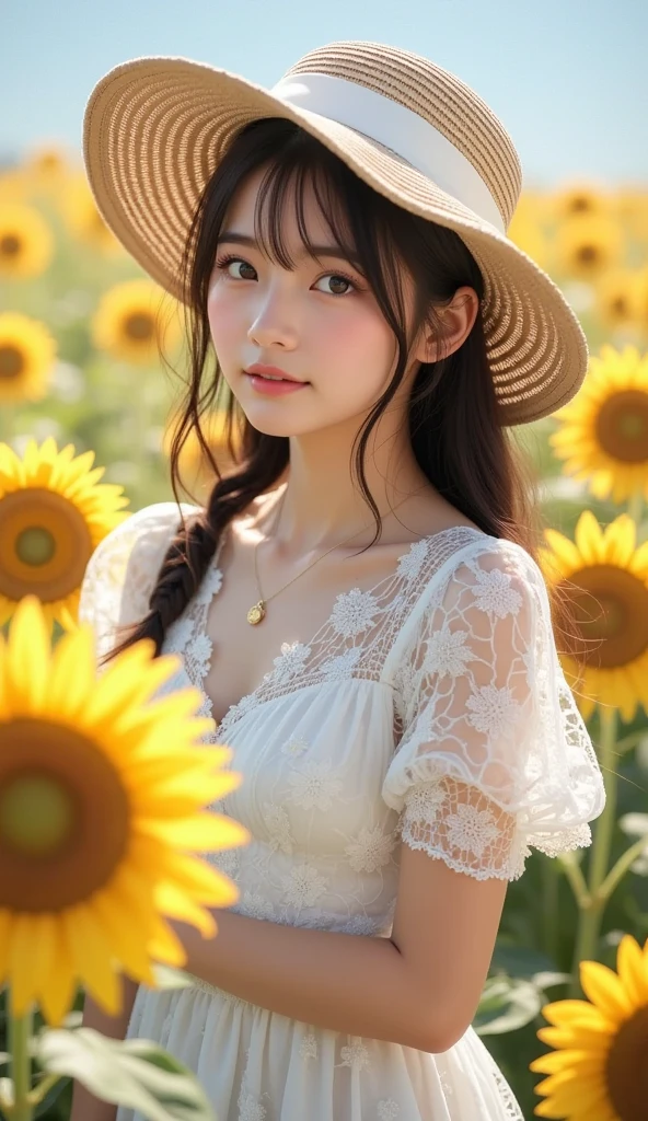​masterpiece、1 Beautiful Girl、A detailed face、A detailed eye、Detailed skin、top-quality、japanes、Illuminated from the front with bright lighting、profetional lighting、The background is a little blurry、short-hair、The background is a sunflower field、Eating soft-serve ice cream、Wearing a straw hat、The costume is a white dress、