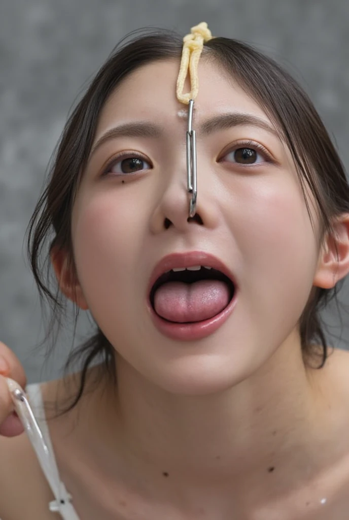 Korean girl, pink hair, pony tail, forehead, mouth retractor, mouth opener, open mouth, humiliated, masterpiece, best quality, ultra detailed, highres, high-resolution, 4k, 18 years old, standing, head shot, front view, short hair, looking at viewer, white room, white shirt,