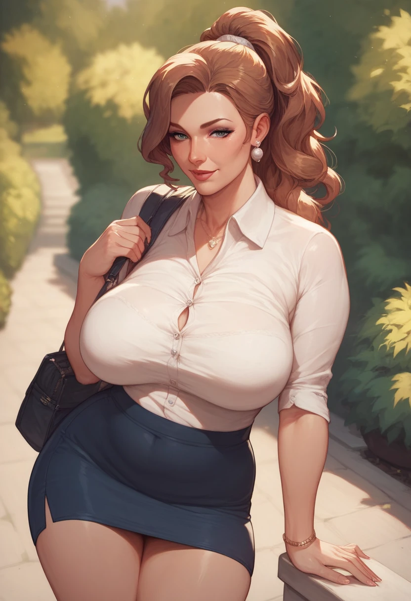 Score_9, score_8_up, score_7_up, source_anime, 1girl, solo, a woman looking at the viewer, bbw, outdoors, mature female, milf, a 42-year-old Latina woman, (tan-bronze skin:1.5), red lipstick, mascara, eyeshadow, she is wearing a red tank-top and shiny black leggings, she has a wide fram and plump figure, she have long brown hair, amber colored eyes, on the streets of Los Angeles
