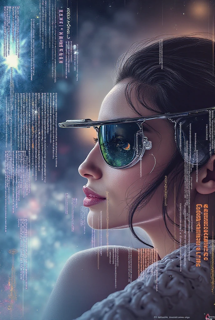 The model is wearing glass sunglasses with stars and the moon on the glass