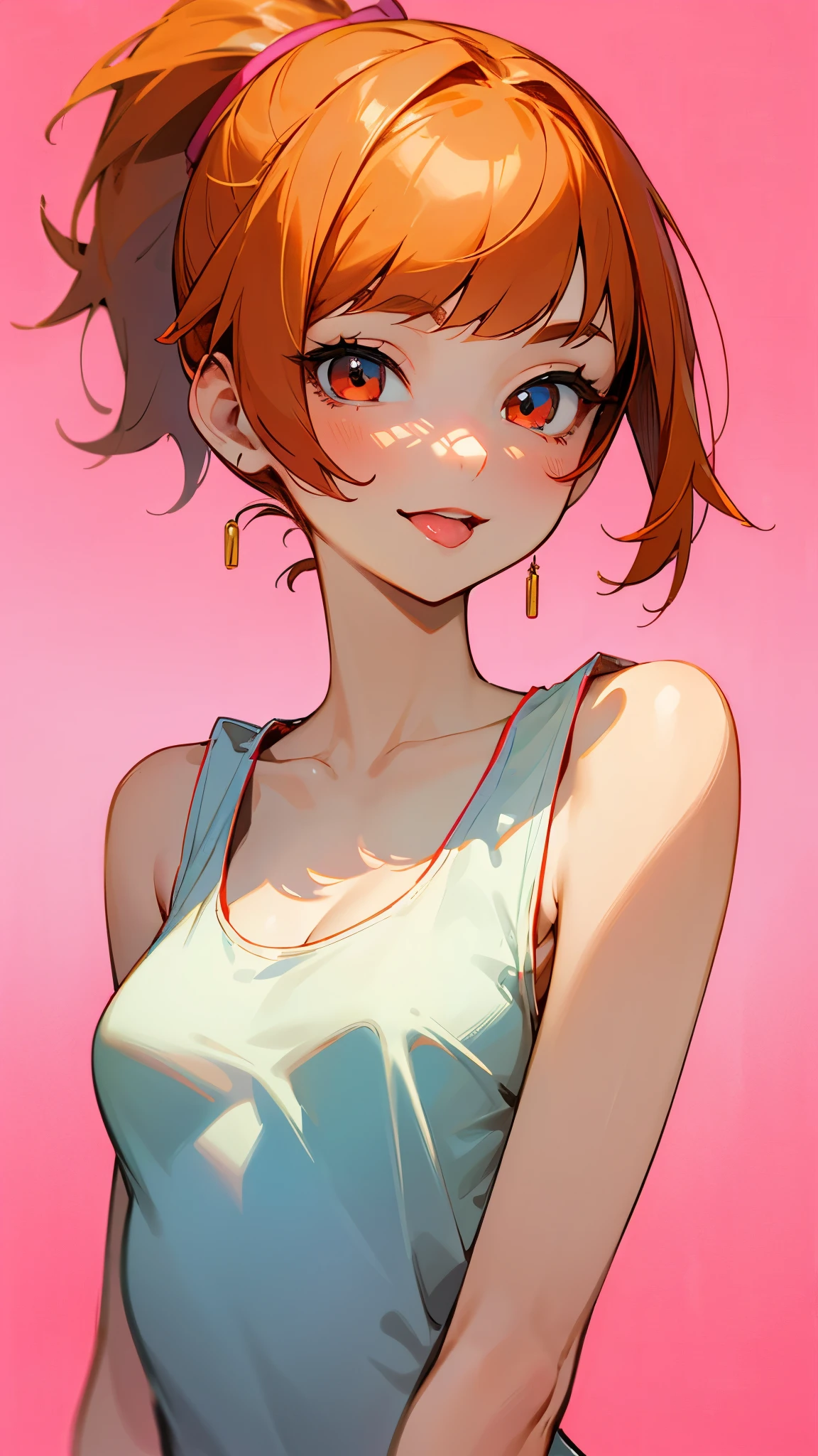 one girl、solo、beautifully detailed face、Detailed Hair Texture、anatomically correct、 symmetrical eyes next to woman 、smile、slender figure、small breasts in Mbini、above the tongue、orange hair、ponytail、asymmetrical bangs、red round eyes、pink tank top、upper body、pink background
