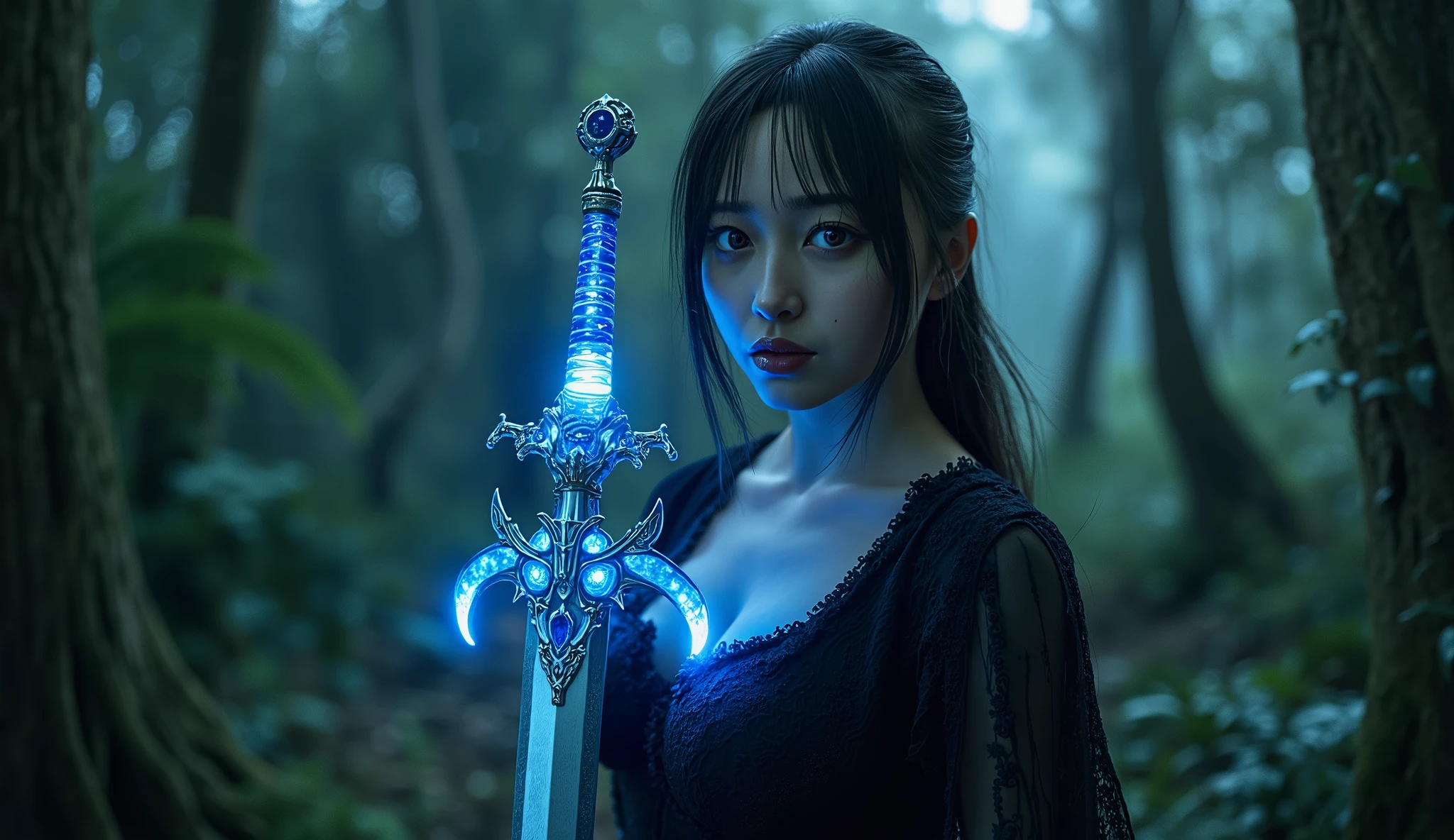 In a beautiful forest at night、beautiful light blue sword with beautiful light blue details、beautiful light blue sword with black details、bright sparkling yellow eyes、Rounded ass、beautiful light blue sword with beautiful light blue details {x} big and thick thigh gothic eye makeup create a beautiful vampire woman with gothic eye makeup。