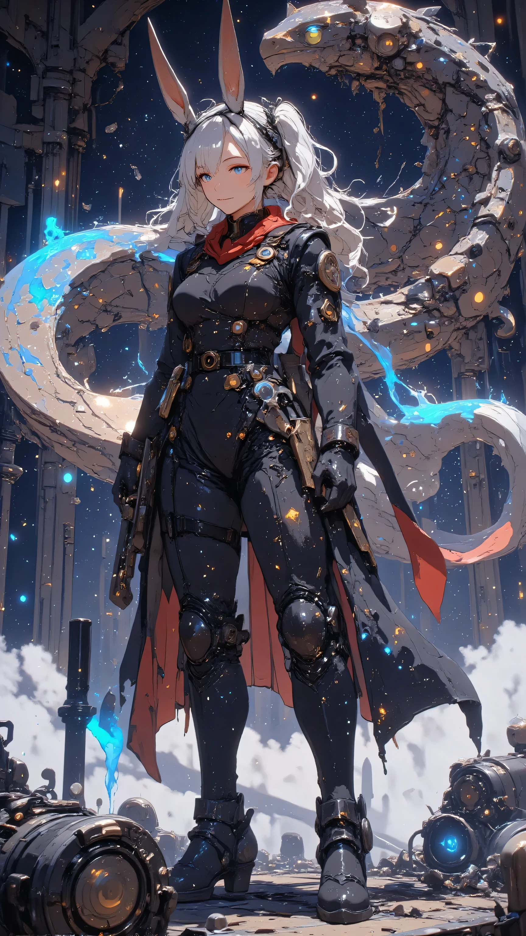A towering robot stands proudly amidst a nebula of swirling stardust, its mechanical frame adorned with scars of past cosmic battles. Shattered fragments of defeated machines and discarded metal drift in zero gravity, illuminated by dramatic lighting. Petals of glowing, ethereal energy float gracefully, creating a surreal contrast between the quiet beauty of the cosmos and the robot’s unyielding strength. In the distance, crystalline ice asteroids shimmer, adding elegance to the scene. The robot’s shoulder bears an AWPA rifle, its flowing white ponytail and vibrant red scarf trailing in the void. In the background, a mechanical dragon emerges from interconnected energy shards, its articulated wings inspired by samurai spaceship designs, rendered in stunning 8K resolution with intricate metallic details, dust, and starlight.