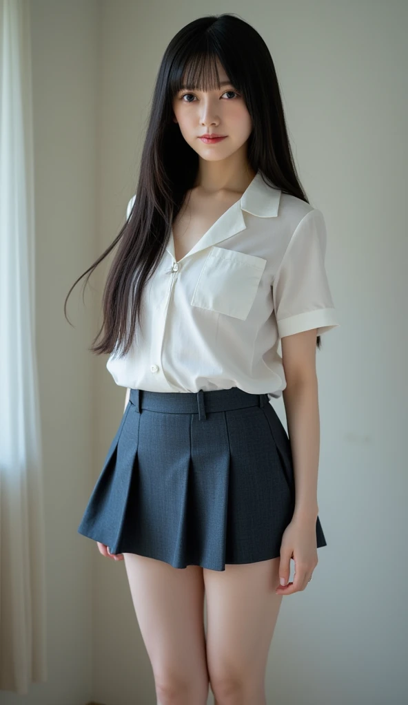 15 year old japanese , long black hair short skirt, oversize Open blouse, slim,tiny