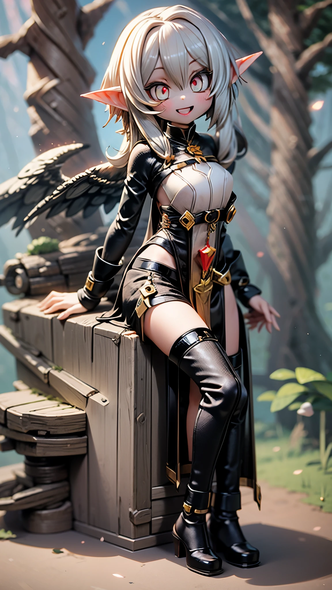 real anime,((16k,of the best quality,masterpiece,high definition)),Moonlight Night , ((full body,front)),((elf)),若くてセクシーなベリーダンサーのelf, very large breasts, Race, beautiful woman, sexy face, Shiny Skin,cover,white hair, blue eyes, big and cute eyes,smile with open mouth, sitting in the woods , pedestal,