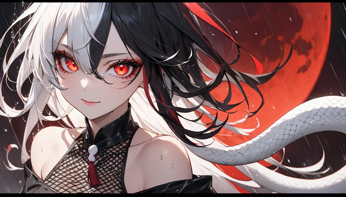 Superb detail, fine detail, chromatic aberration, 1girl, long hair, black hair, messy hair, red highlights, hair in one eye, red eyes, sharp eyes, choker, neon shirt, torn tights, open coat, against the wall, graffiti, dim lighting, alley