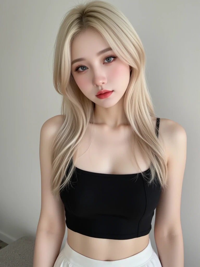 (realistic、masterpiece、Best Quality、8K、highres、white background, high resolution:1.3)、1 chubby girl:1.3)、smile, ((very very gigantic sagging breasts:1.3))、looking at viewers, black lace bikini、pale white skin、very blond hair ,very pale skin, extremely pale blonde hair, ivory pale skin, very white skin, pale skin, very pale white skin, very pale white skin,white skin and pale porcelain, white and pale skin, fair and pale skin!!, long blonde hair, looking at viewers、super fine face and eyes、long blonde hair、 ((full breasts:1.3)), indoor、 upper body、