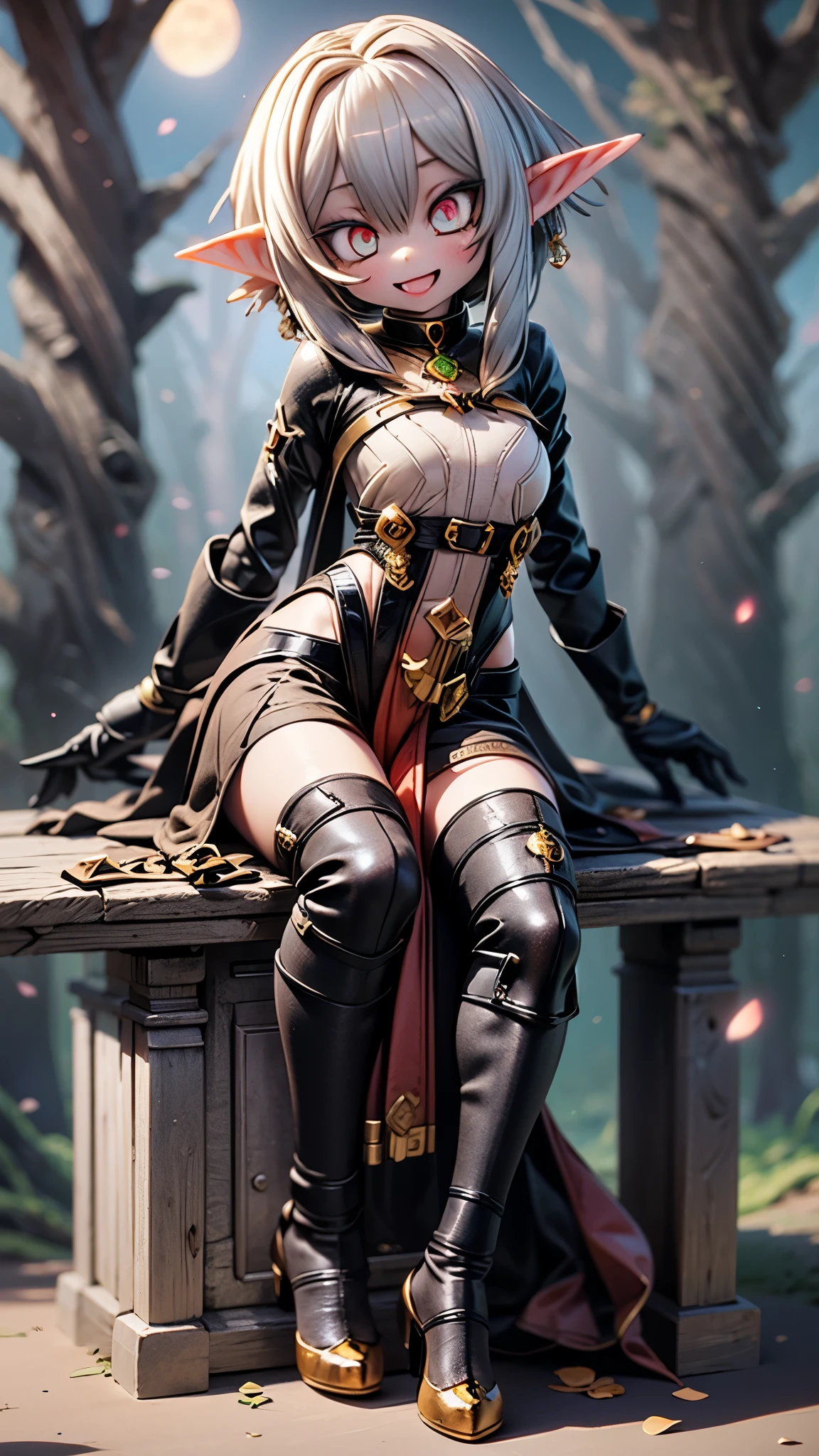 real anime,((16k,of the best quality,masterpiece,high definition)),Moonlight Night , ((full body,front)),((elf)),若くてセクシーなベリーダンサーのelf, very large breasts, Race, beautiful woman, sexy face, Shiny Skin,cover,white hair, blue eyes, big and cute eyes,smile with open mouth, sitting in the woods , pedestal,