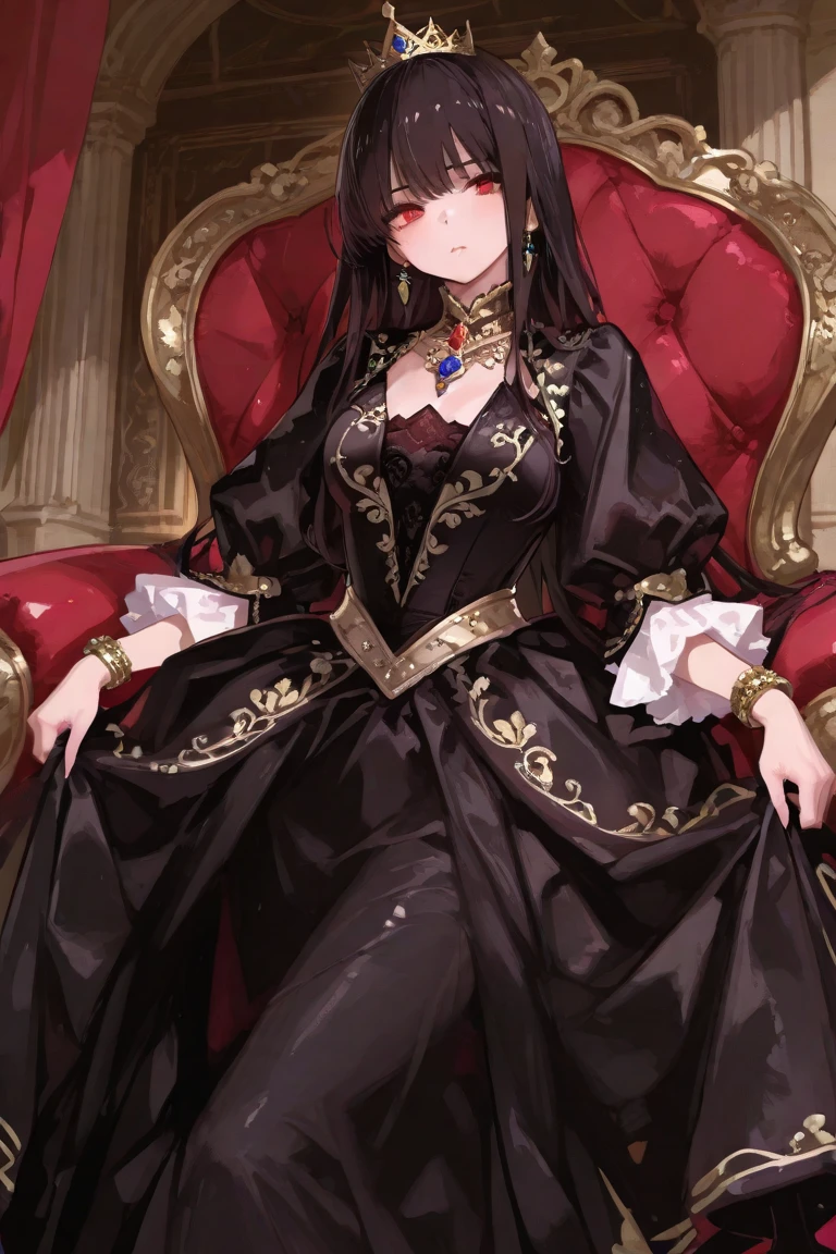 Masterpiece, Needle, 1lady, Beautiful, Black Hair, {Red Eye}, Black Forest, Firelight, Ackenberg Diamonds, Contempt, Regal Clothes, Highlight Your Hair, Gold Fussy Trim, Chain, Black Princess Dress, Sitting Down,