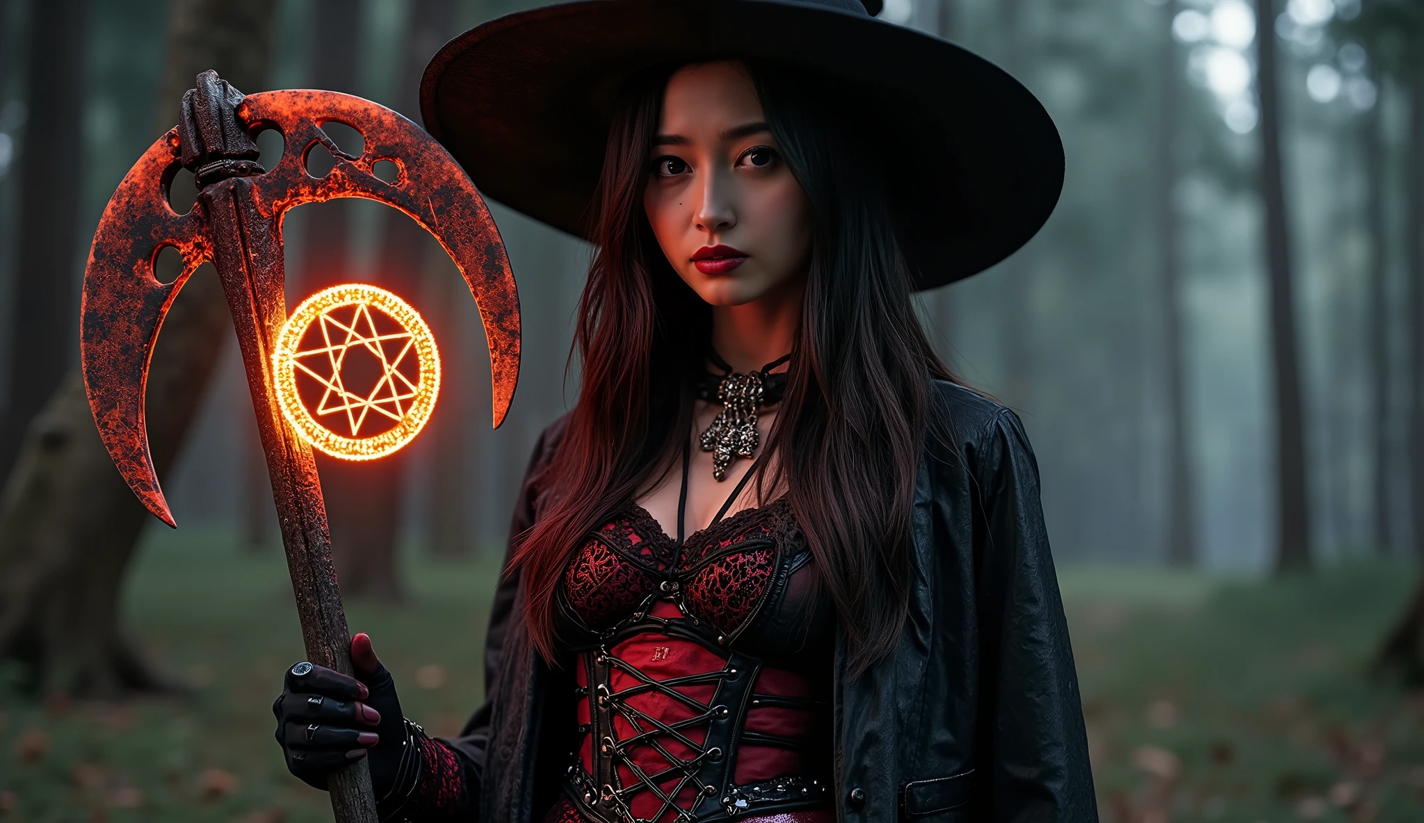 Dark Souls Epic , elden ring depicting her occult theme 、 tall, emo super pale witch 、 gothic angry woman wearing a witch hat , Black Velvet , race, fishnet and scarlet or purplish leather, accessorized with tightly raced corsets, gloves, platform boots and silver jewellery wrapped around her wicked smile evil smirk shredding magic and reaping scythe with swagger with glowing hex circle magic infusion design , wrapped around her , Dead Soulsが彼女の