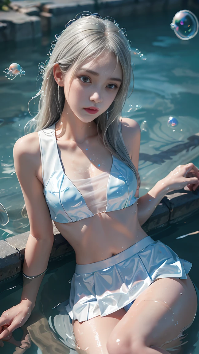(8K TopQuality masterpiece: 1.2)(Realistic ProfessionalPhoto: 1.37), VolumetricLighting. Tiny Girls, girl jumping into the water、Falling、splash water、shout、Luminous water surface、White and Bright colors, back lighting, Radiant PearlSkin i, sparkling highlights, Detailed KAWAII face with cute lips, long eyelashes, Delicate clothes, Detailed open crotch