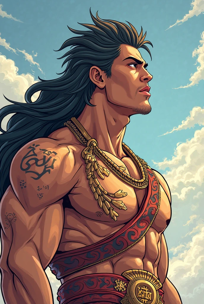 American classic comic book art: brown mini skirt, Very Handsome Native American young man, brown skin tone, male body, male chest, very long straight black hair long, feather earring, beautiful tiny skirt, bigbutt,native light brown clothing, feathered indigo scarf, beautiful thighs, clouds, young face man, blue green Magic Energy, green northern lights, focus on face, comic book