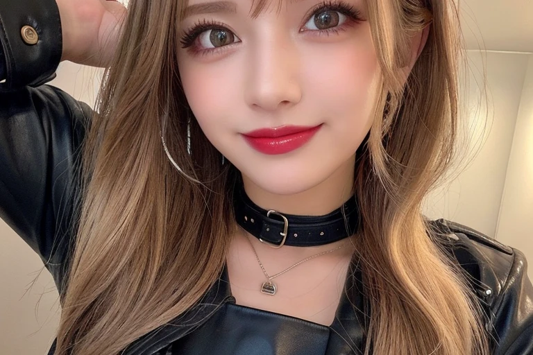 (Highest quality, 8K, Tabletop, Ultra HD: 1.3), Pastel pink suit, 20-year-old、smile, Black choker, Blue Eyes, Red lipstick, Very long eyelashes, Big breasts family, noble, bangs, Straight long hair with brown hair, President&#39;s office, Reception room, Conference hall, ((Full body portrait:1.5, Thighs)), mini skirt, high waist, Hair tied back