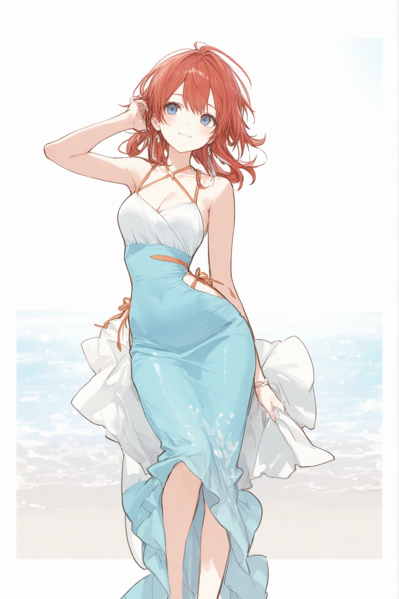 1girl, elegant erotic beautiful girl, big breasts, ((short orange hair)), hair is short, green ribbon in hair, maxi dress, adultery, indecent, vulgar, Nakano Yotsuba, intricate details, delicate facial features, beautiful blue eyes, ulzzang, long eyelashes, small nose, full lips, porcelain skin, natural lighting, warm color palette, chiaroscuro lighting, dramatic shadows, sensual, alluring, mature themes, artistic, dreamlike, ethereal, ((arms behind back)), thigh highs, ((white panties)), sideboob, cleavage, looking at viewer, ulzzang, (blue eyes),