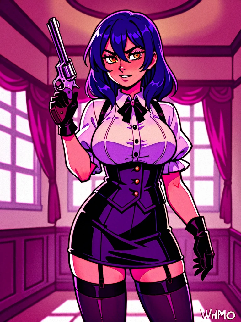 (masterpiece, best quality:1.4, anime style), illustration, 8k, hd, 1girl, solo, moxxibl2, eyeshadow, makeup, heart tattoo, hair over one eye, lipstick, cleavage, top hat, choker, fingerless gloves, fingerless gloves, fishnets, thighhighs, belt, striped, asymmetrical legwear, underwear, purple dress,