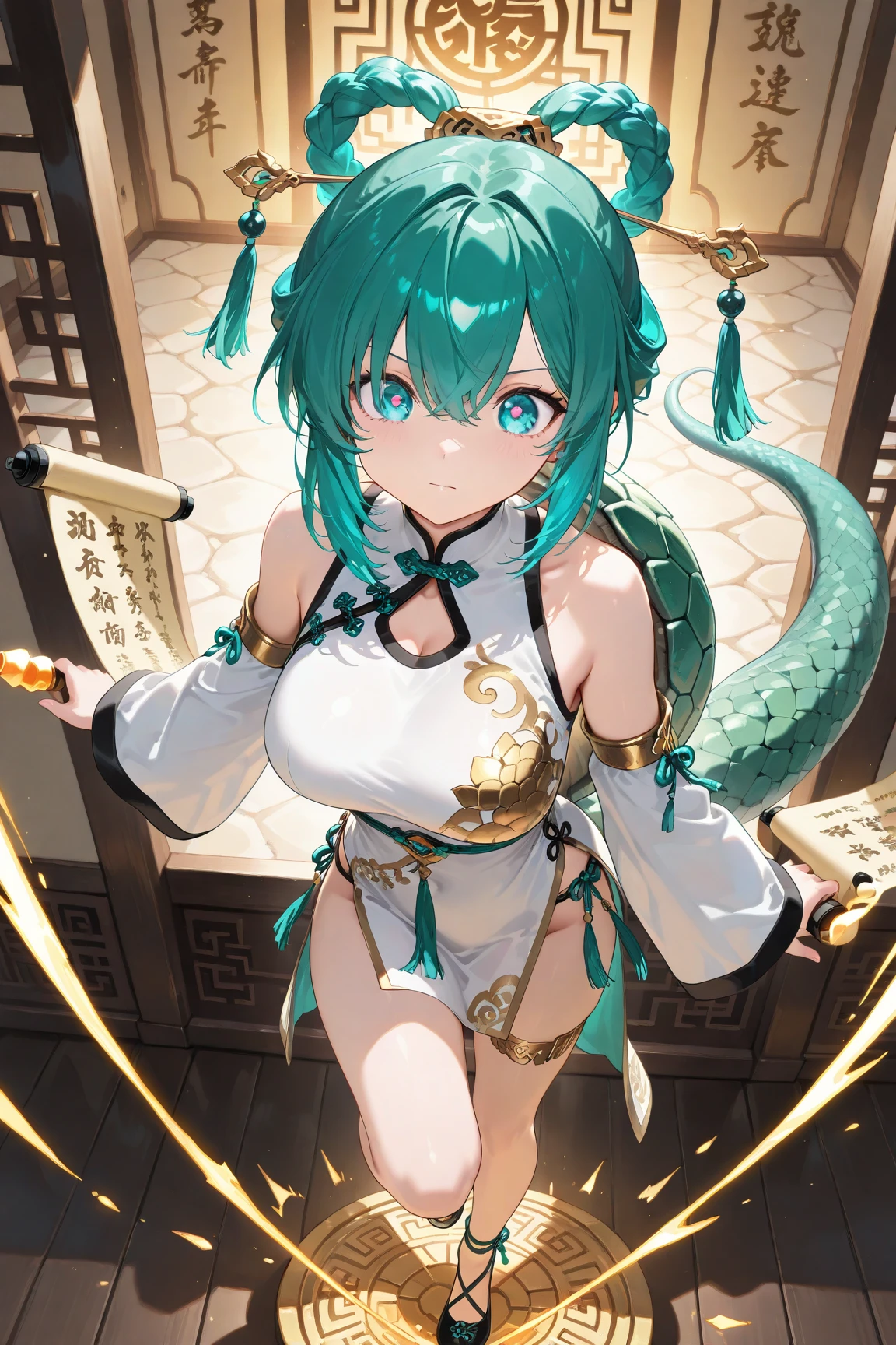1girl, kochiya sanae, touhou //// masterpiece, best quality, very aesthetic, absurdres, newest, rating:nsfw ///// by nyantcha, cutesexyrobutts,by khyle ///// ///// green hair, green hair, hair ornament, shrine, he wears a snake-shaped hair accessory wrapped around her hair on one side, and a blue headband with a frog's head on it, she wears a blue and white outfit similar to a shrine maiden's, with the blue areas covered in light blue polka dots and stripes