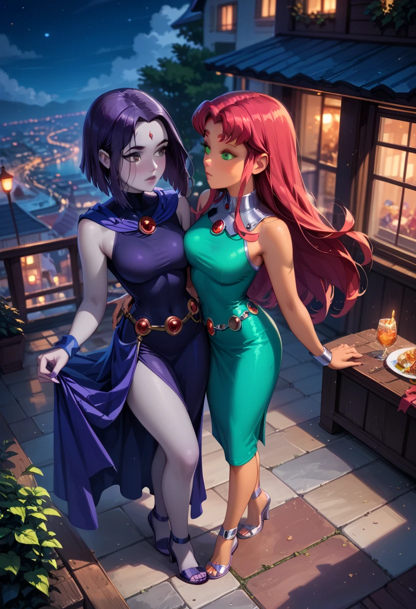 best quality, (masterpiece),(ultra-detailed), (high quality), (high resolution), (2heads:1.5), (light blue hair), (purple hair), ((yellow orange eyes)), ((blue new years dress with purple patterns)), full body, gala party, ((New Year’s 2024 party)), holding a drink, grinning ((Happy New Year 2024))