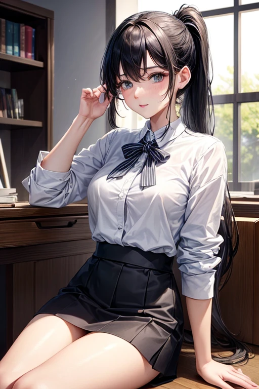 (masterpiece, best quality, highres, UHD, perfect pixel) 1girl, black hair, long hair, wallpaper, school girl, perfect finger, beauty eyes