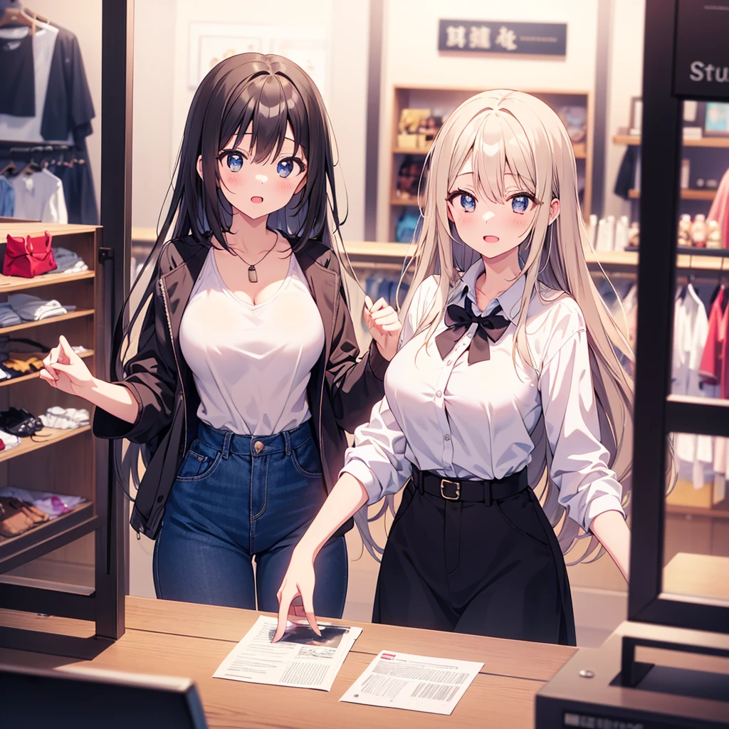 (2filles, cheveux longs, Couleur, Yeux détaillés, Pupilles étincelantes, en forme d'étoile chez les pupilles), grosse poitrine, clivage, fille adolescente, Uniforme scolaire, magasin, choisir des vêtements à acheter, à l'intérieur du magasin de vêtements, Souriant, bouche ouverte, Abus d’éruption de lentille, aberration chromatique, détail élevé, Anime, romantisme, sur l’art, profondeur de champ, Flou de mouvement, Lumière rougeoyante, grain du film, UHD, rétine, précis, Chef-dœudansre, anatomiquement correct, peau texturée, Super détail, high détails, de la haute qualité, Primé, meilleur qualité, Haute résolution, 16k