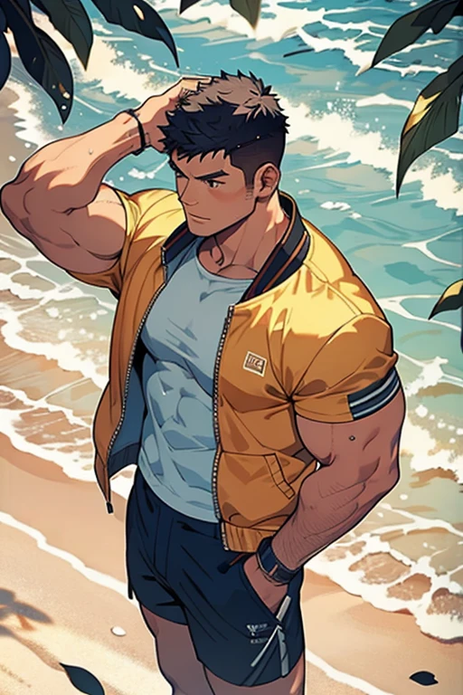 facial expression like masturbation, 1boy, bikini, Tight muscles, Broad shoulders, Handsome and old, Tiny underwear, Sexy, sex, Guy, Gay, Sea, jacket, Oil applied surface,