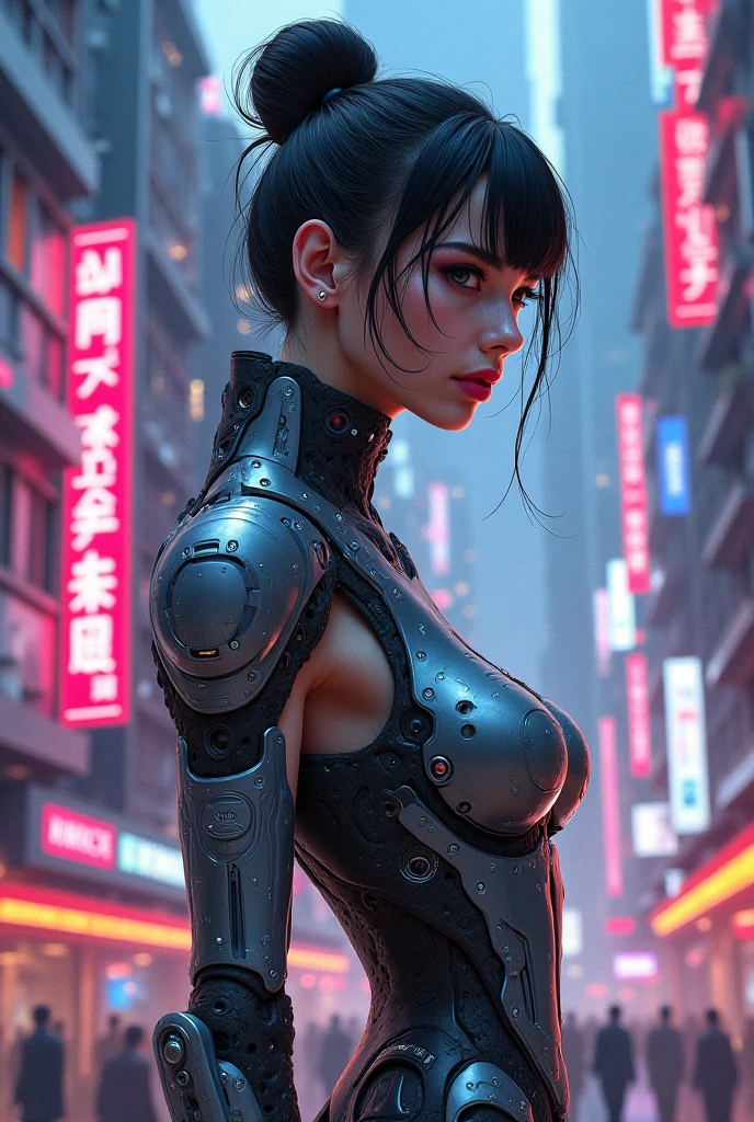 Top Quality, Masterpiece, Ultra High Resolution, (Photorealistic: 1.4), Raw Photo, 1 cyberpunk Girl, Black Hair, Glossy Skin, 1 Mechanical Girl, (Ultra Realistic Detail)), ((Full body)), Global Illumination, Contrast, Shadows, Octane Rendering, 8K, Ultra Sharp, Cleavage Exposed, Raw Skin, Metal, Intricate Ornament Details, Japan Details, Very intricate details, realistic light, CGSoation trend, facing the camera, neon details, mechanical limbs, blood vessels connected to the tube, mechanical vertebrae attached to the back, mechanical cervical attachment to the neck, wires and cables connecting to the head, gundam, small LED lamps.
