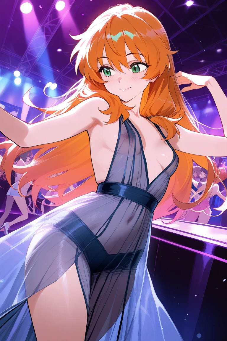 (sexy dance show:1.2),(covering breasts,covering crotch:1.5),silence suzuka\(umamusume\),good anatomy, masterpiece, best quality,realistic, hyperrealistic, 16k hdr,(happy Smile:1.2),(Live Stage:1.3),(see through costume:1.2),Stage costumes,Horse tail,ultra miniskirt,navel,micro panties,show off clearvage,erected nipples,sweat,medium breasts,upper body