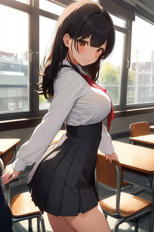 (High quality, High resolution, Fine details), Realistic, (school uniform), (View from right side:1.5), blackboard, solo, curvy women, sparkling eyes, (Detailed eyes), grin, blush, Sweat, Oily skin, shallow depth of field
