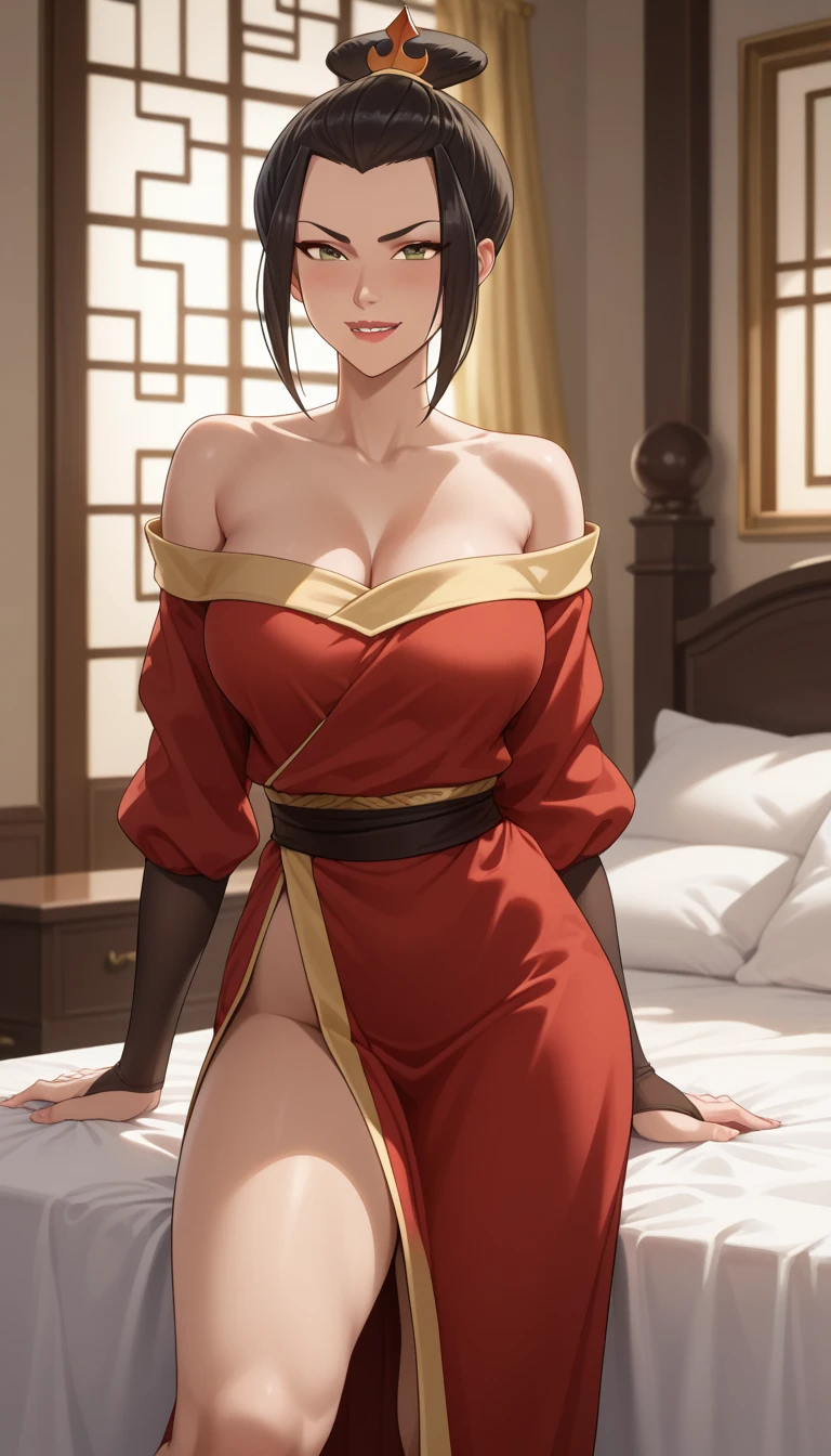 score_9_up, score_8_up, score_7_up, 1girl, solo, mature female, ((Azula)), black tied hair, yellow eyes, red lips, parted lips, fit slim body, ((perfect medium erected breast)), (((fire nation kimono, red tight transparent thong))), (((red bedroom))), perfect model body, wide hips, looking at viewer, sitting on the table and pulled up her kimono showing her thong