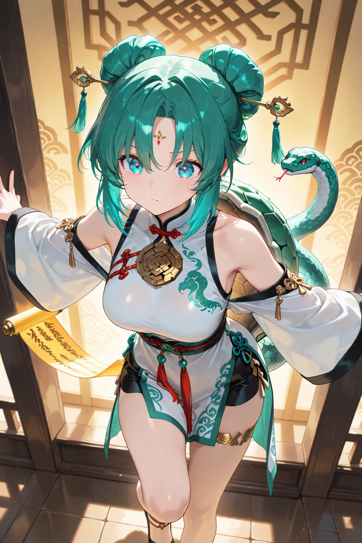 best quality，masterpiece，detailed，light layer，a girl，black hair，silver stain，There are dragon horns in the hair，dragon tail，Antique Chinese clothing，ink，dark green eyes，attractive body，medium breasts，writing brush，antique bedroom