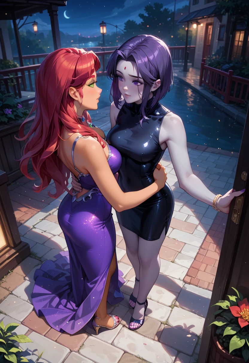 (perfect anatomy), (ultra-detailed comic book style), asian, japanese, (elf woman prominent asian features very short purple hair tied back as ponytail),(detailed skin, Ultra-detailed), cute smile,  features, wearing round glasses, blue eyes, ((sparkly silver shawl and wine red evening gown)), off shoulder, red lipstick, sitting, diamond hairclip, fancy bed, romantic lighting, dark room, candle lit, back facing viewer.
