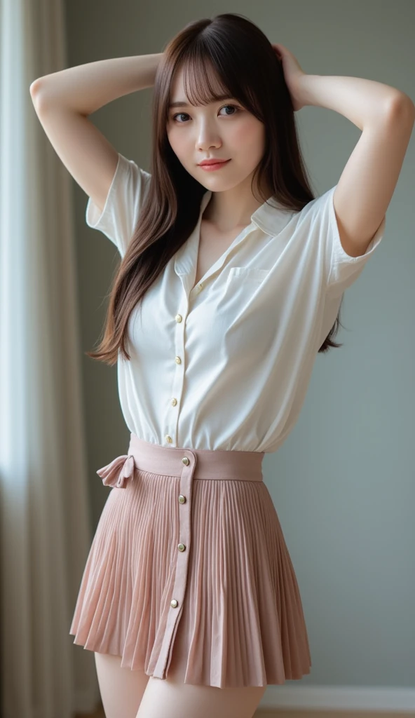 Open both legs、Panties are in full view、very short pleated miniskirt、Futomo、Open your legs towards us、Sheer、Looks plump、You can see through the skin、large brown areola、laugh、tucking up the skirt、