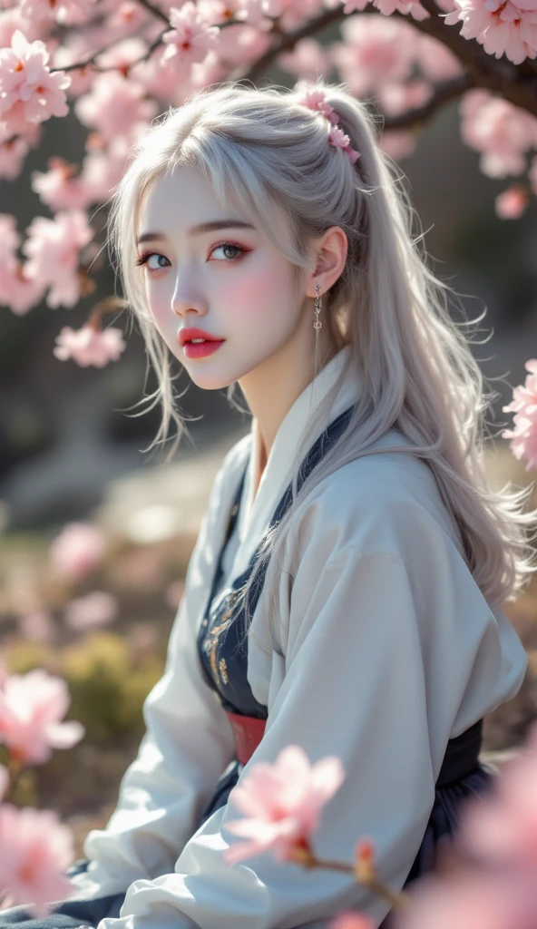 ((realistic, top quality, highest resolution, 8k)), ((accurate , accurate body, full body photo)), She is a beautiful Korean girl with a pear-shaped figure, silver hair, long ponytail hair, silver eyes, pink lips, shiny lips, Thick lips, Blushing cheeks, Hanbok,  Korean beauty , I'm sitting under a cherry tree and watching the audience, Hanbok과 벛꽃의 조화로움, She is looking at the viewer with a beautiful smile
