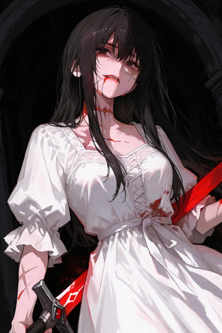 masterpiece,best quality,1girl,monochrome,in ruins,shaded face,glowing red eyes,looking at viewer,tilting head,turning head,rain,skeletons,blood,cruel,:d,standing on top of mountain,portrait,arms crossed,from below,absolute realm,skindentation,corpses,demon followers in the background
