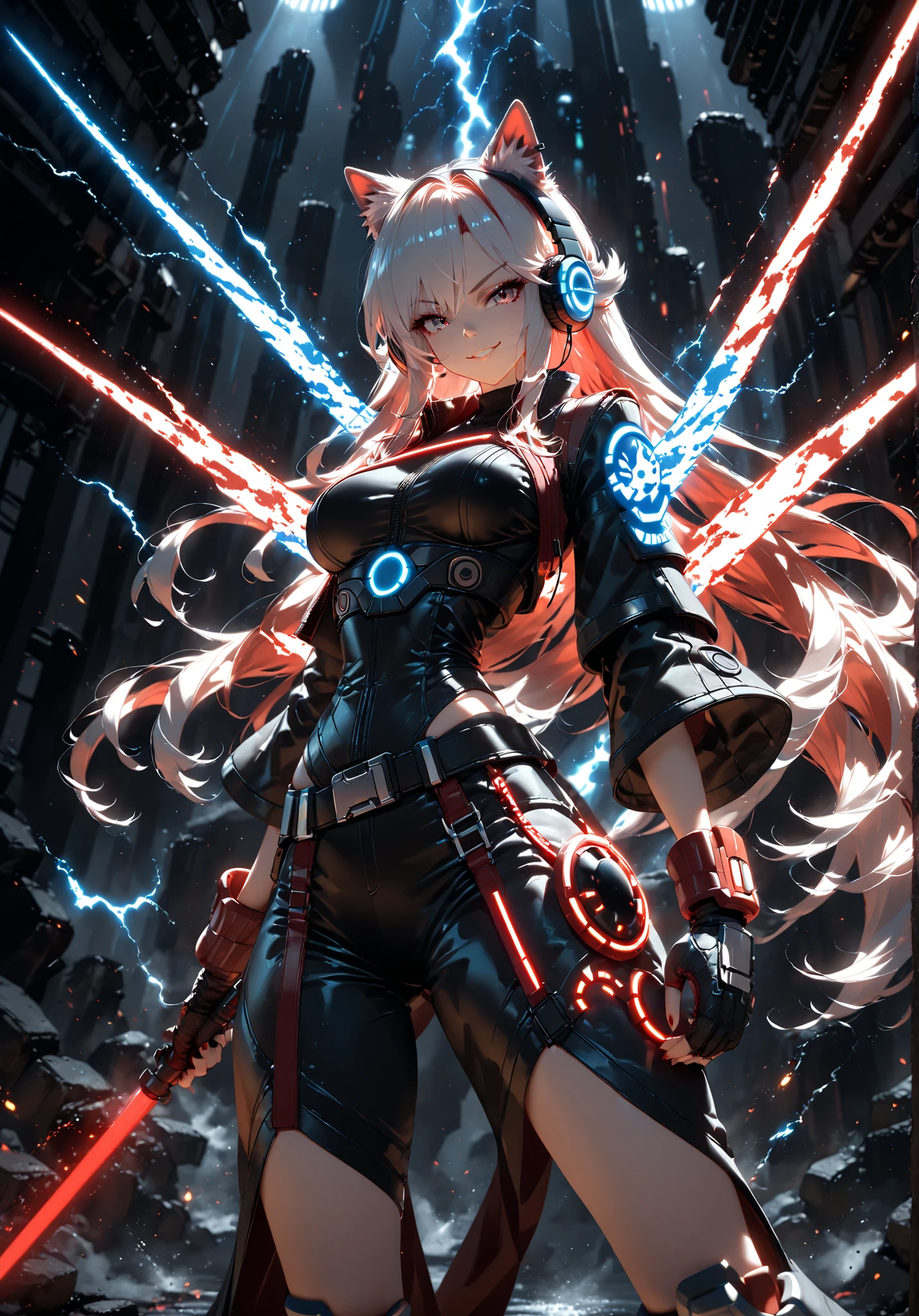 ((Shadow female version the hedgehog)) wearing Star wars Jedi outfit, badass anime 8 k, epic anime style, art of ((silverfox)), anime style 4 k, White lightning anime art wallpaper 8 k, holding a lightsabre. splash art, red lightsaber wallpaper, sonic power, anime art wallpaper , chaos control version, medium breast, big hips, ready for attack position, seductive smile , wearing headphones,red highlights ,