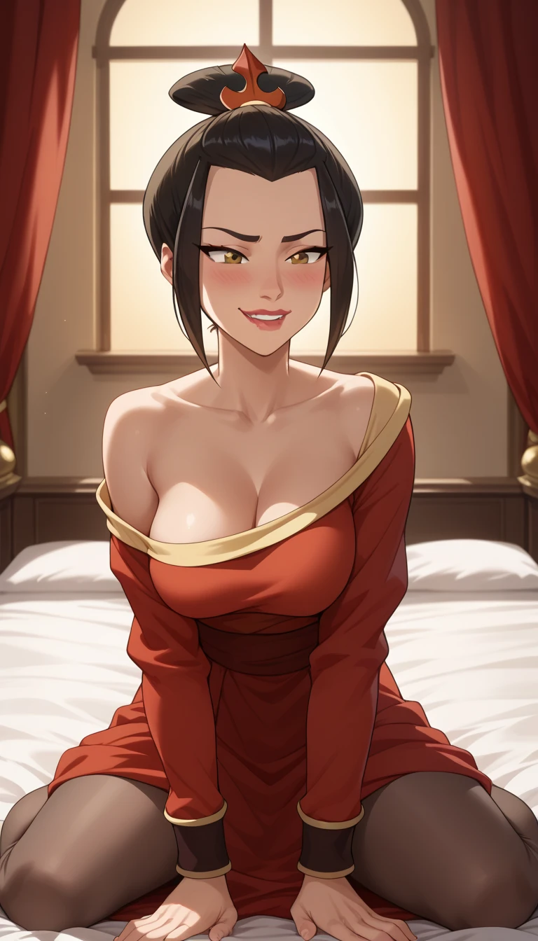 score_9, score_8_up, score_7_up, score_6_up, solo, 1girl, Azula, sleep robe, red robe, seductive smile, indoors, looking_at_viewer, cleavage, ((undressing)), gold stripe, standing,