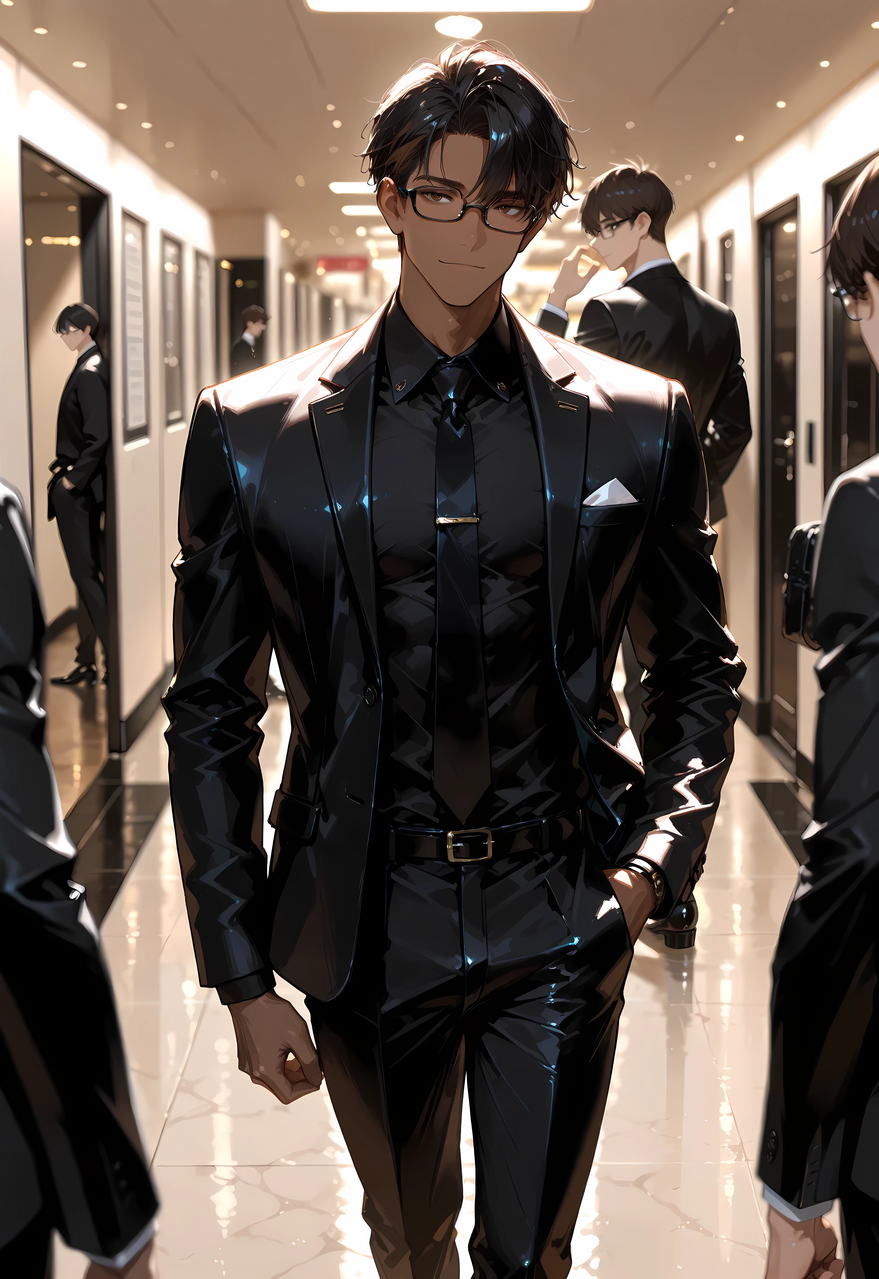 masterpiece,best quality,amazing quality, detailed eyes, very aesthetic, depth of field, detailed background, 1boy, , male has brown skin, male has long face, male has low fade hair , male has squinted eyes, male has dark brown eyes, black hair, male is muscular, male wearing a fancy full black suit, male wearing a black shirt inside suit, male wears fancy black derby shoes, male wear black browline glasses, stylish apacious prom room, male's one hand on pocket, male standing, male facing towards to viewer, male styling his hair with other hand, sexy face,