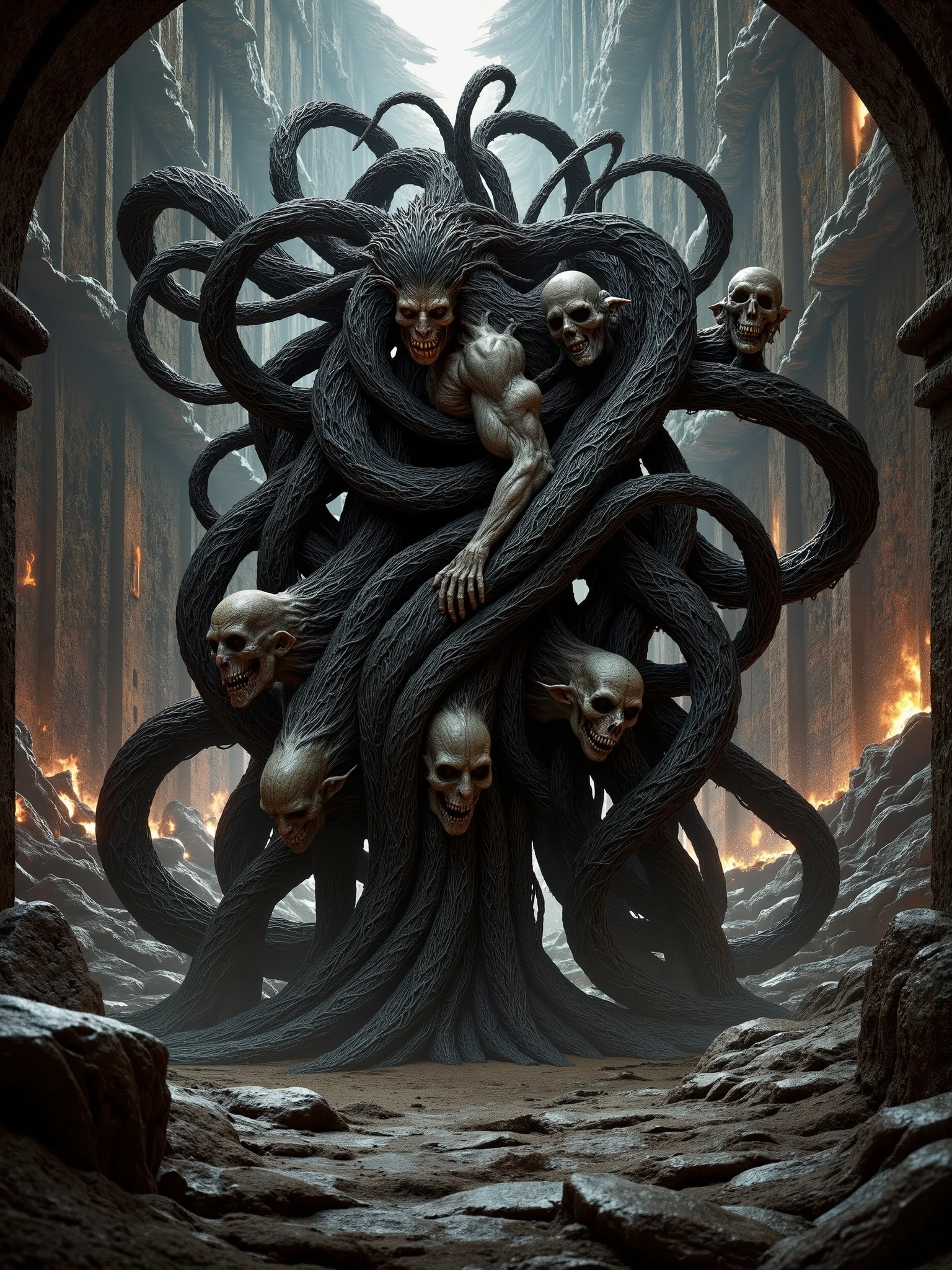 A group of orcs and goblins torsos braided together with black floral bone, each face contorted in pain. A terrifying biomass that wriggles and shakes its way through a medieval city street.